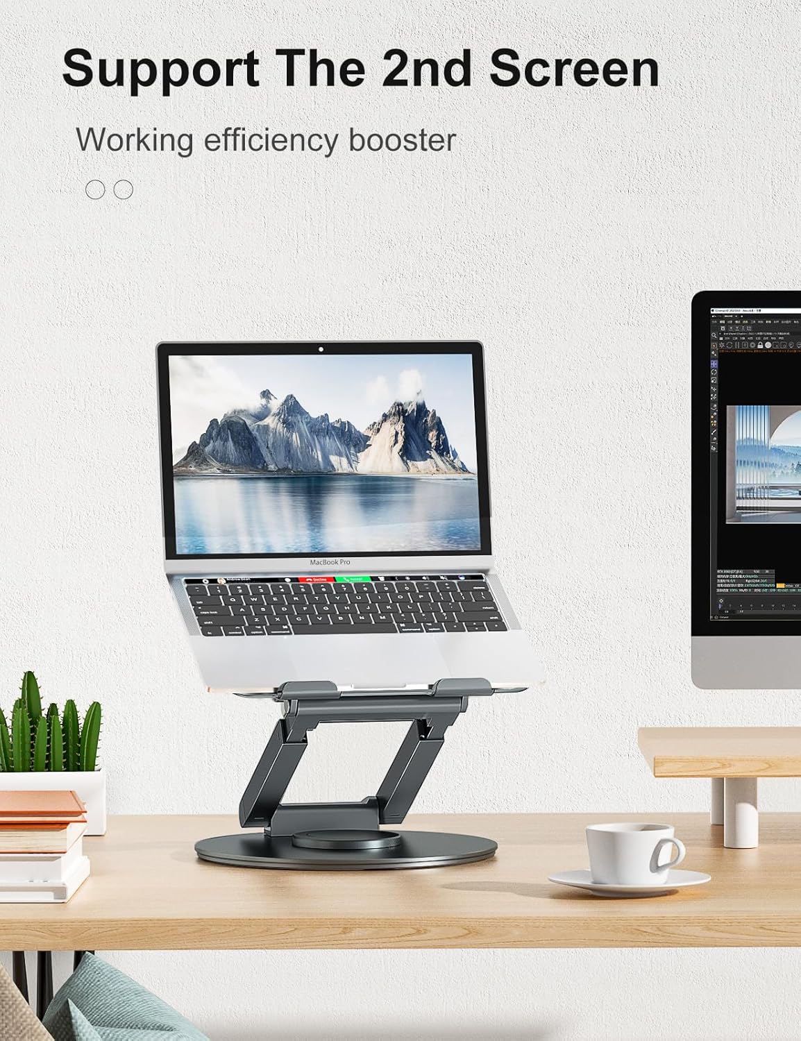 Demonstrates how the product enables a more efficient dual-screen work setup, improving productivity and ergonomics.