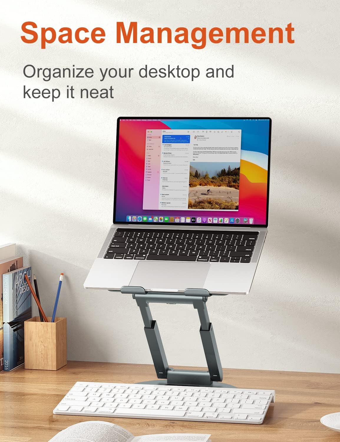 Demonstrates how the product helps organize and manage desktop space, keeping the workspace neat and efficient. Highlights the product's ability to elevate the laptop, freeing up desk space and…
