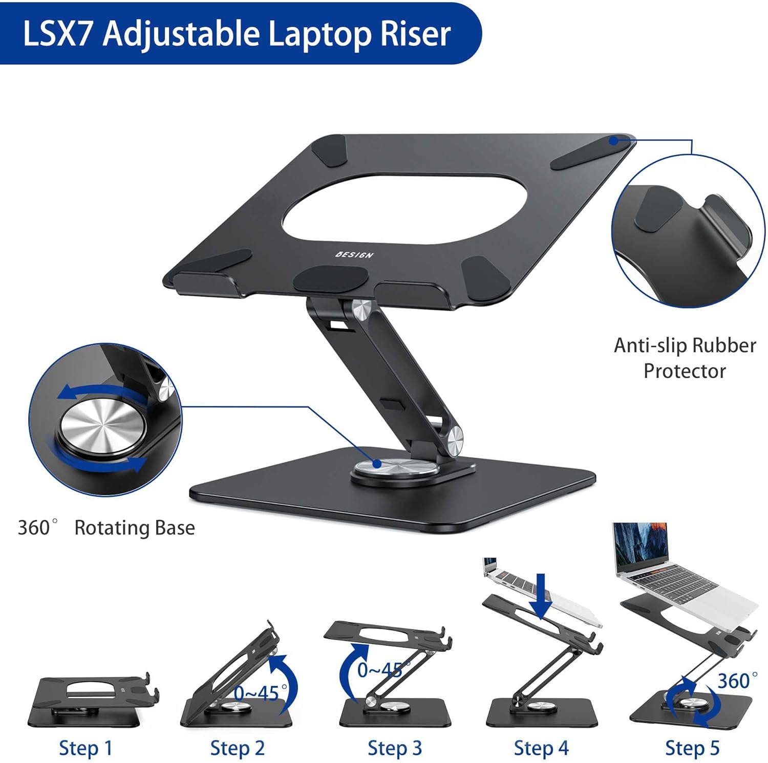 Demonstrates the step-by-step process of setting up and adjusting the laptop riser, showcasing its versatility and ease of use. Highlights multiple key features of the laptop riser, including its…