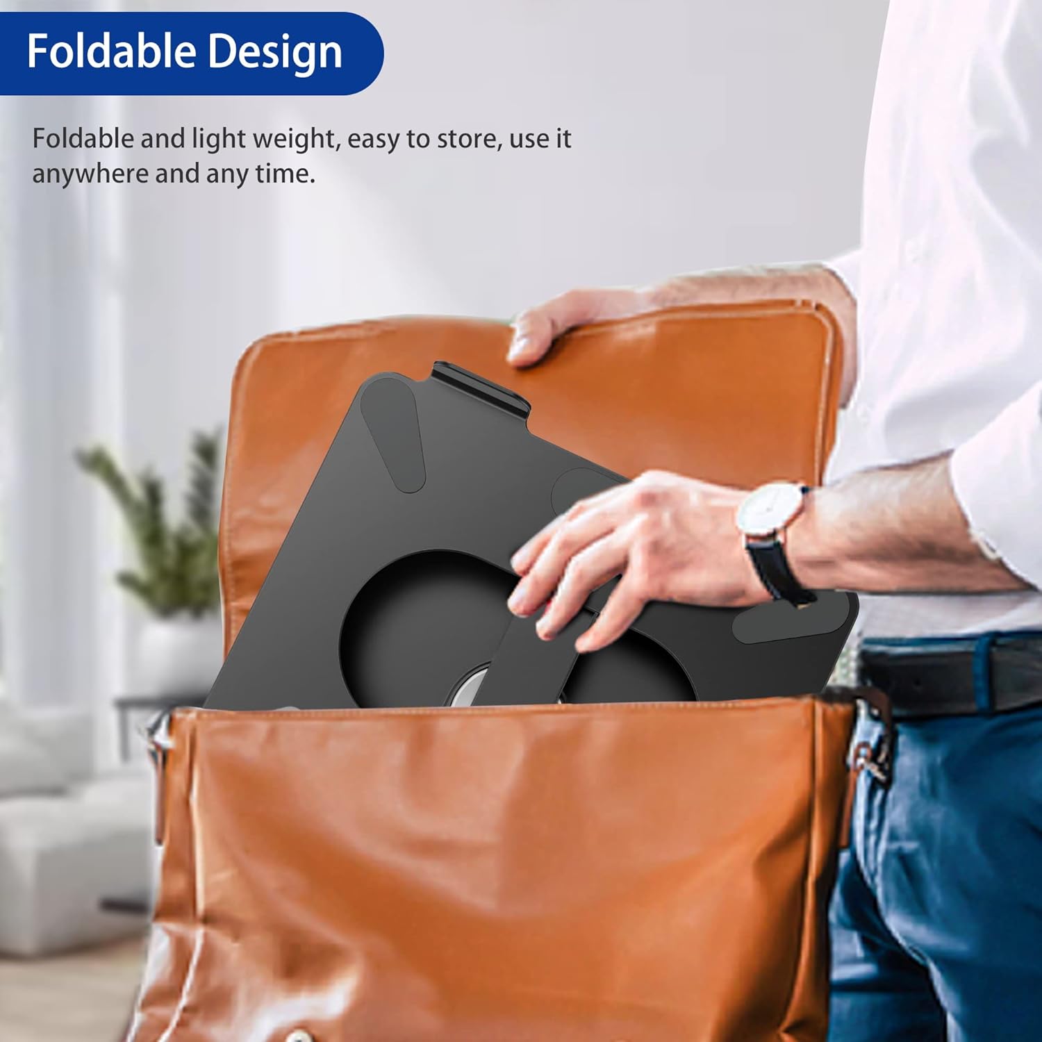 Highlights the product's foldable and lightweight nature, emphasizing its portability and ease of storage.