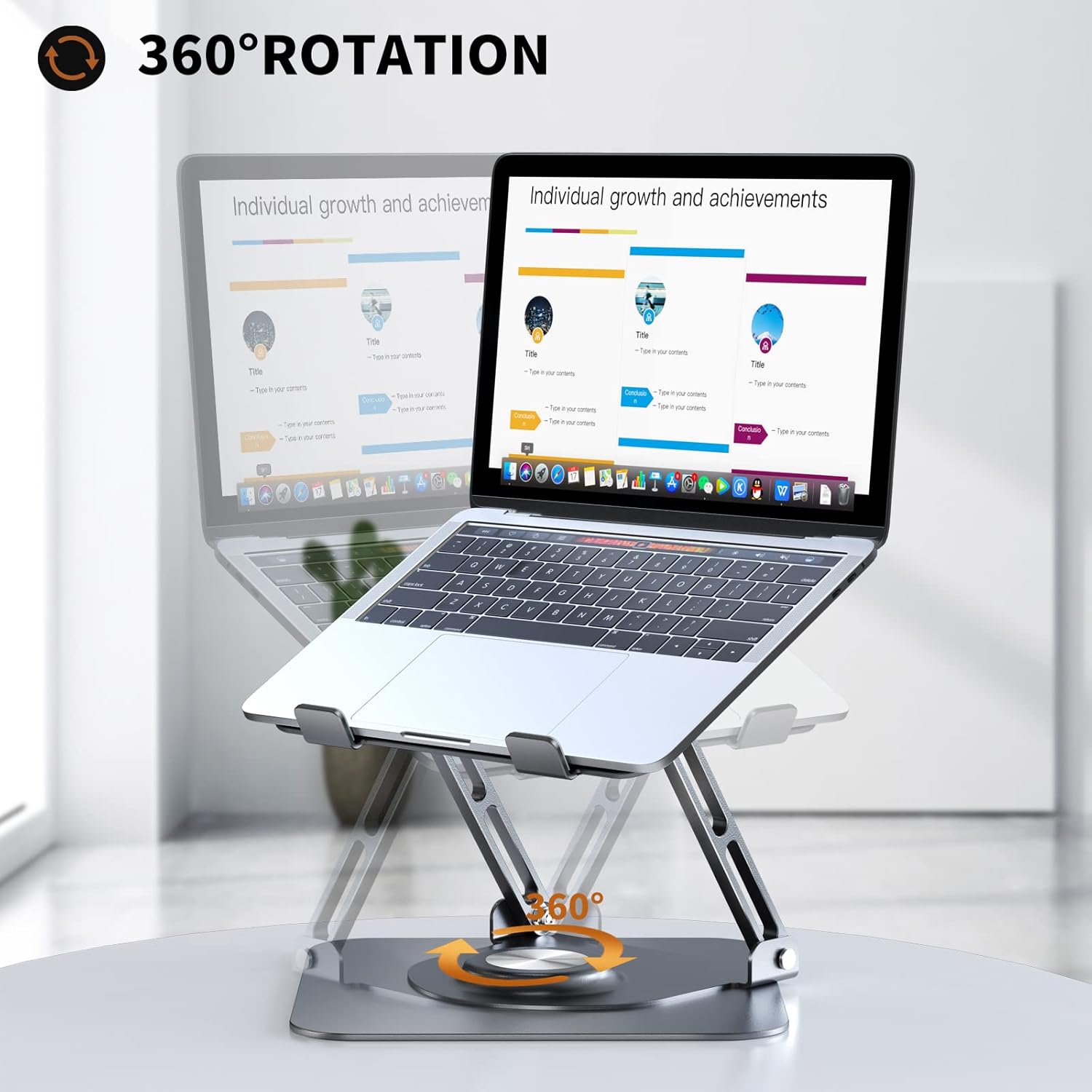 Highlights the laptop stand's ability to rotate 360 degrees, allowing for flexible viewing angles and improved ergonomics.