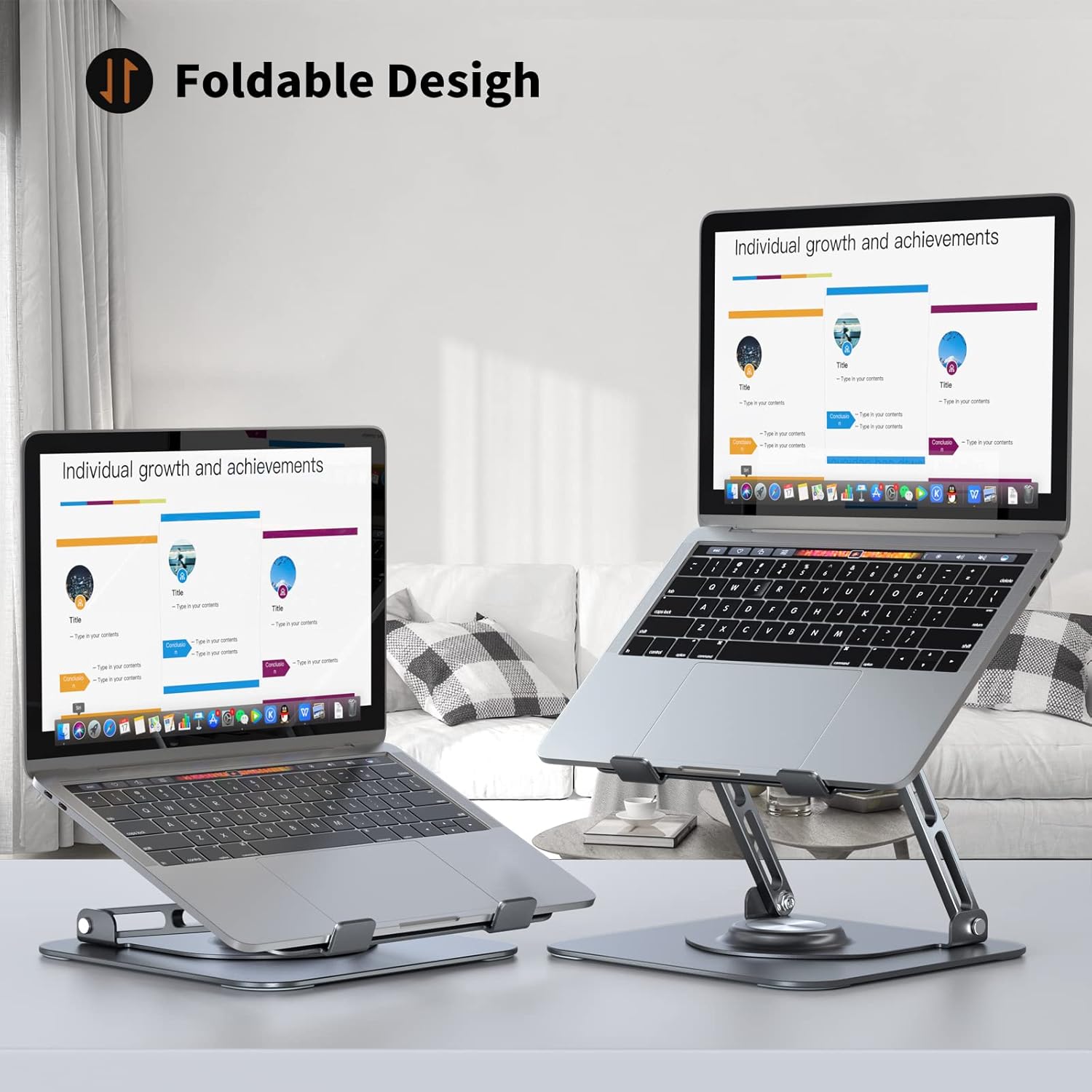 Highlights the product's foldable and adjustable design, emphasizing its portability and ergonomic benefits for laptop users.