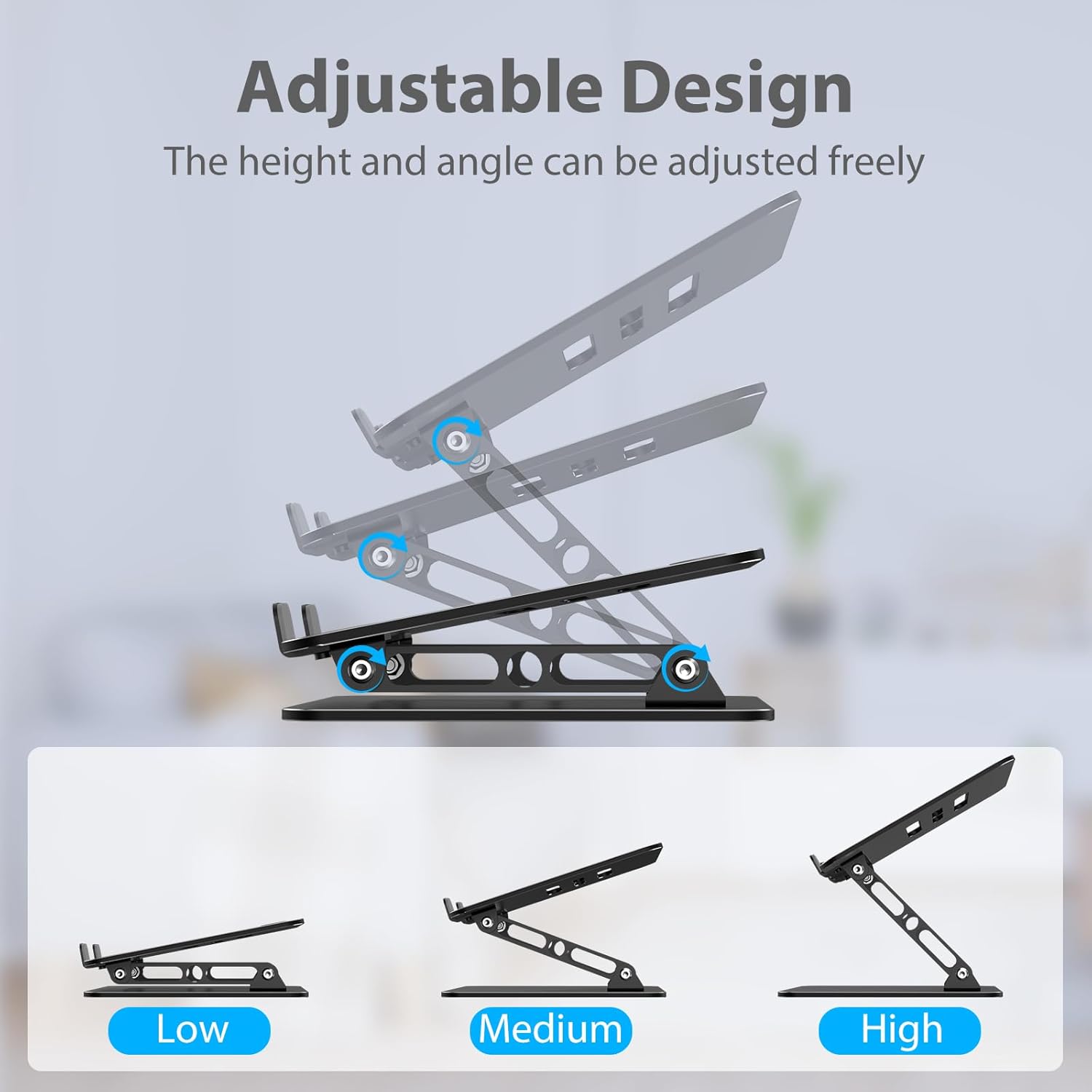 Demonstrates the product's ability to be adjusted to different heights and angles, emphasizing its versatility and ergonomic design.