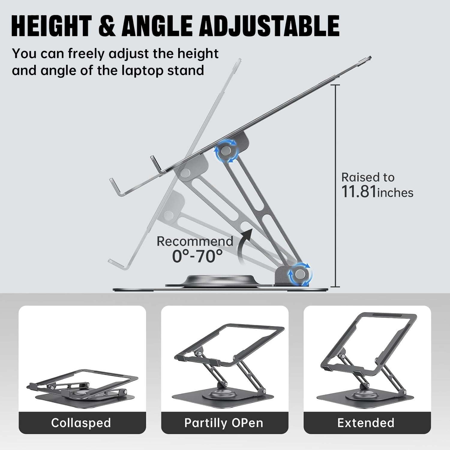 Demonstrates how to adjust the height and angle of the laptop stand, showing its versatility and ergonomic benefits. Highlights multiple features of the laptop stand including adjustable height,…