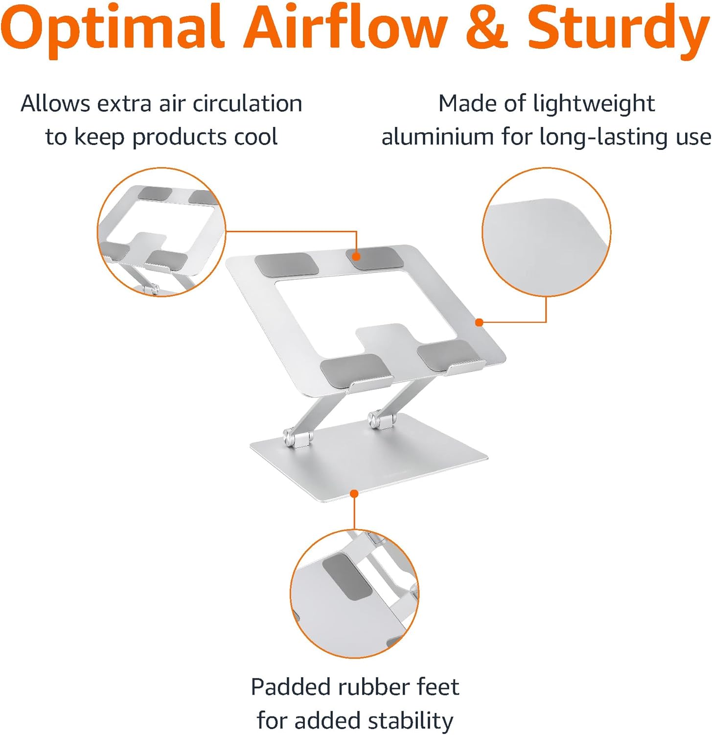 Highlights the product's ability to keep devices cool through extra air circulation and its durable, long-lasting aluminum construction.