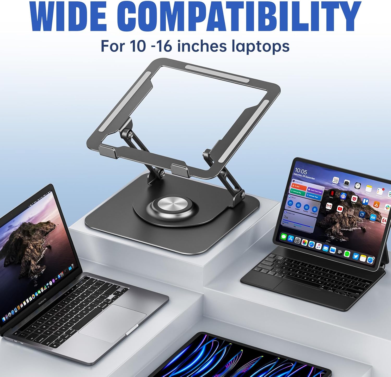 Demonstrates the product's compatibility with a wide range of laptop sizes, reassuring customers it will work with their device.