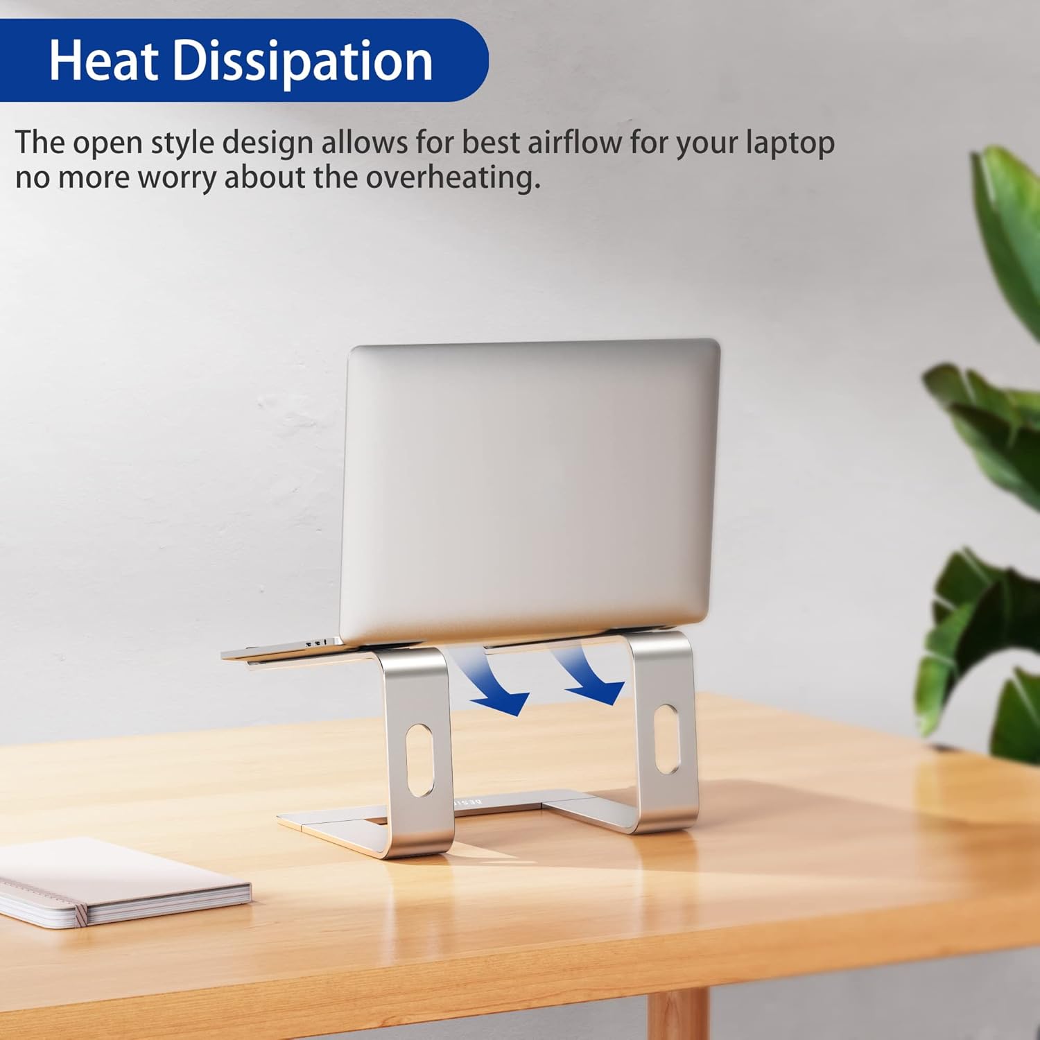 Highlights the product's open design that allows for better airflow, preventing laptop overheating.