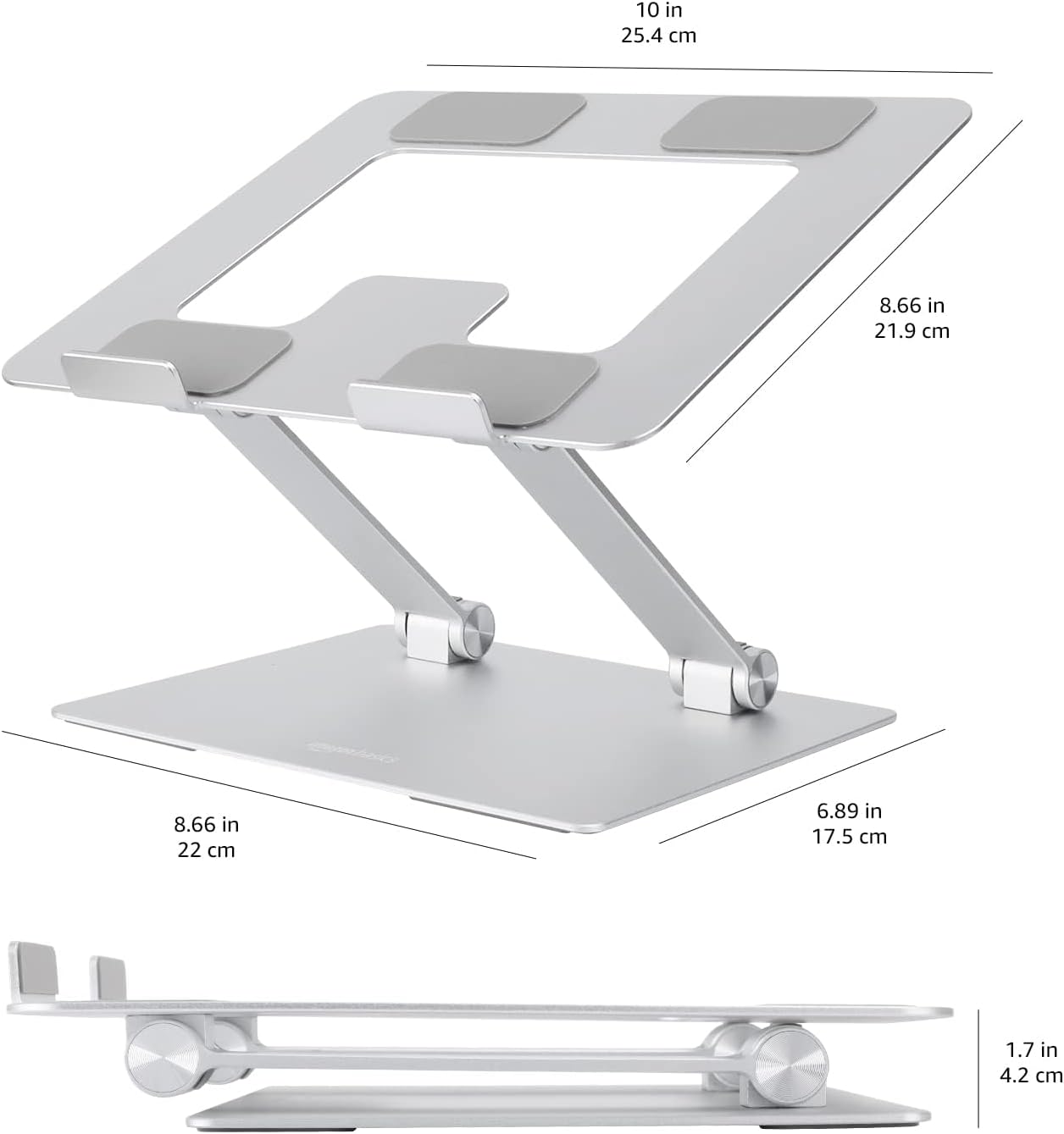 Provides exact measurements of the laptop stand to help customers understand its size and fit for their workspace.