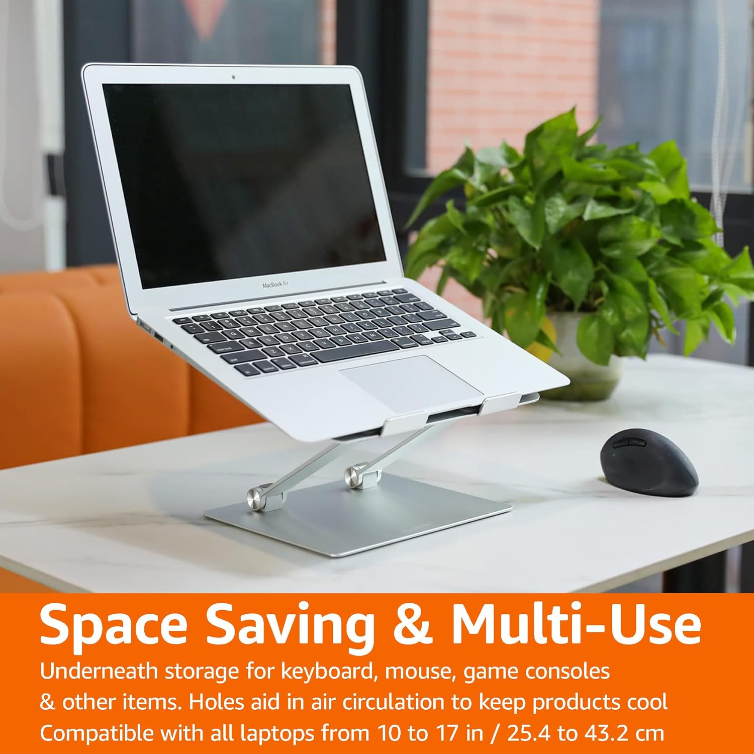 Highlights multiple benefits of the laptop stand: space-saving design, versatile usage for various devices, and cooling features.