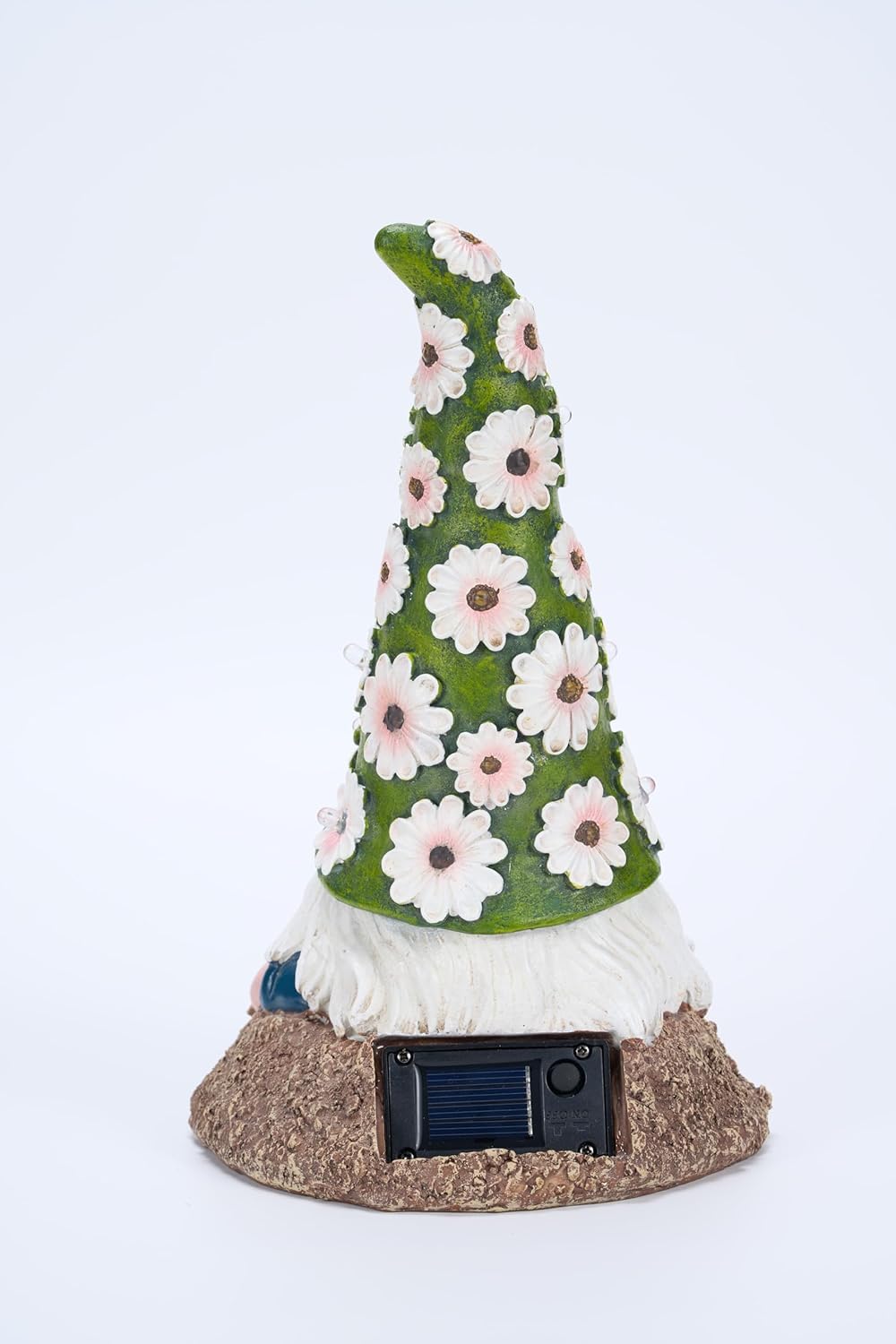 Showcases a whimsical garden gnome figurine with a floral design, appealing to customers looking for cute seasonal outdoor decorations.