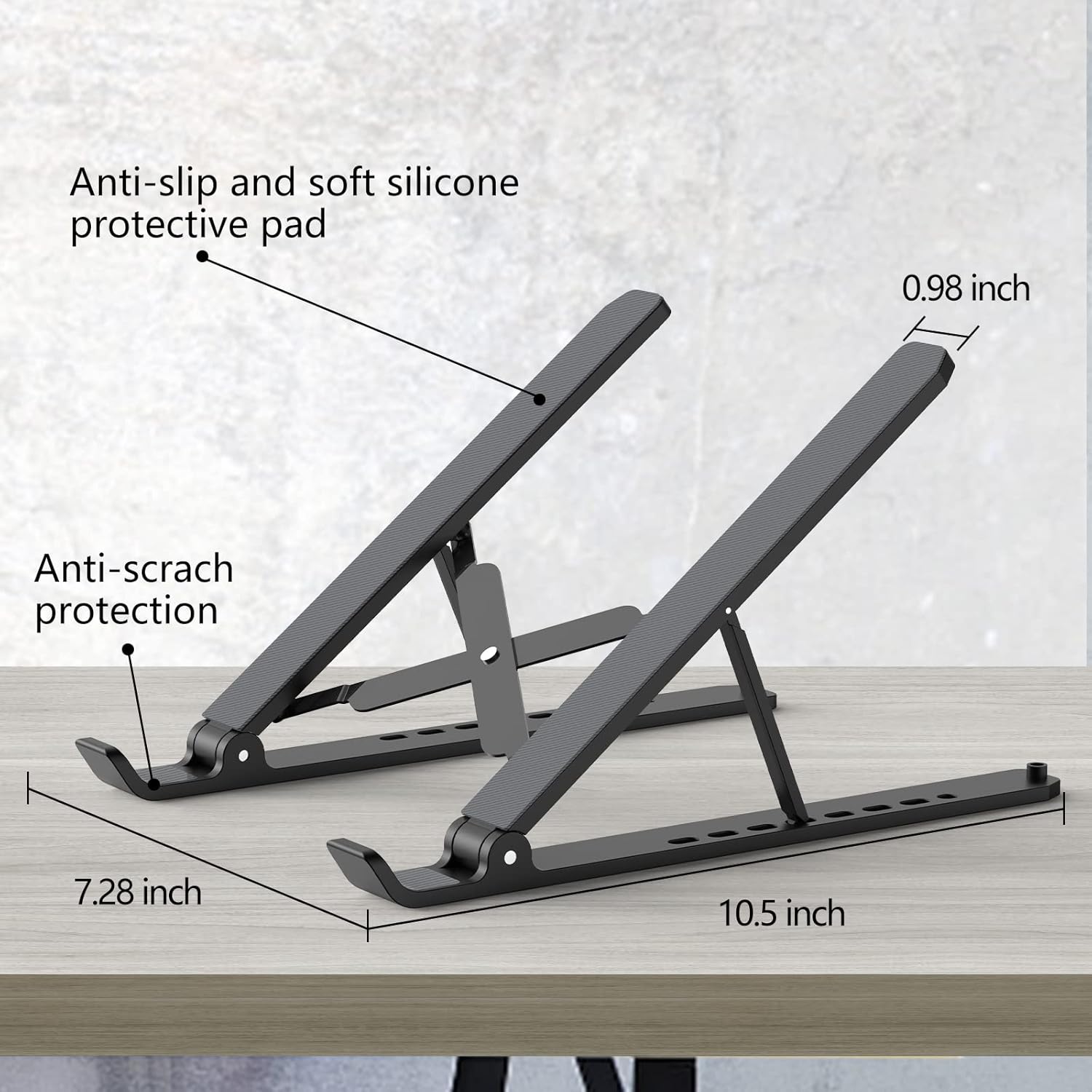 Highlights key features and dimensions of the laptop stand to show its protective and adjustable design. Provides exact dimensions of the product to help customers understand its size and fit.