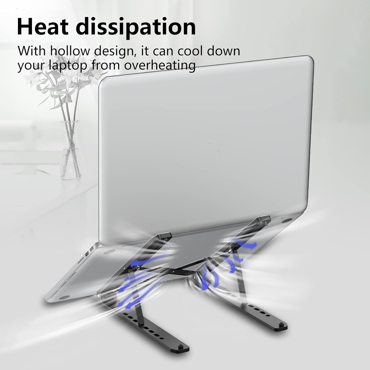 Highlights the product's ability to cool down a laptop and prevent overheating through its hollow design.