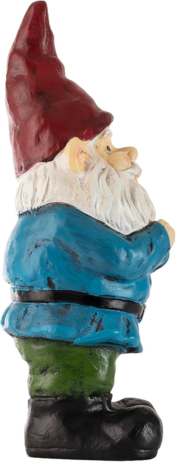 Shows the product as a decorative garden gnome, highlighting its colorful and whimsical design for outdoor use.