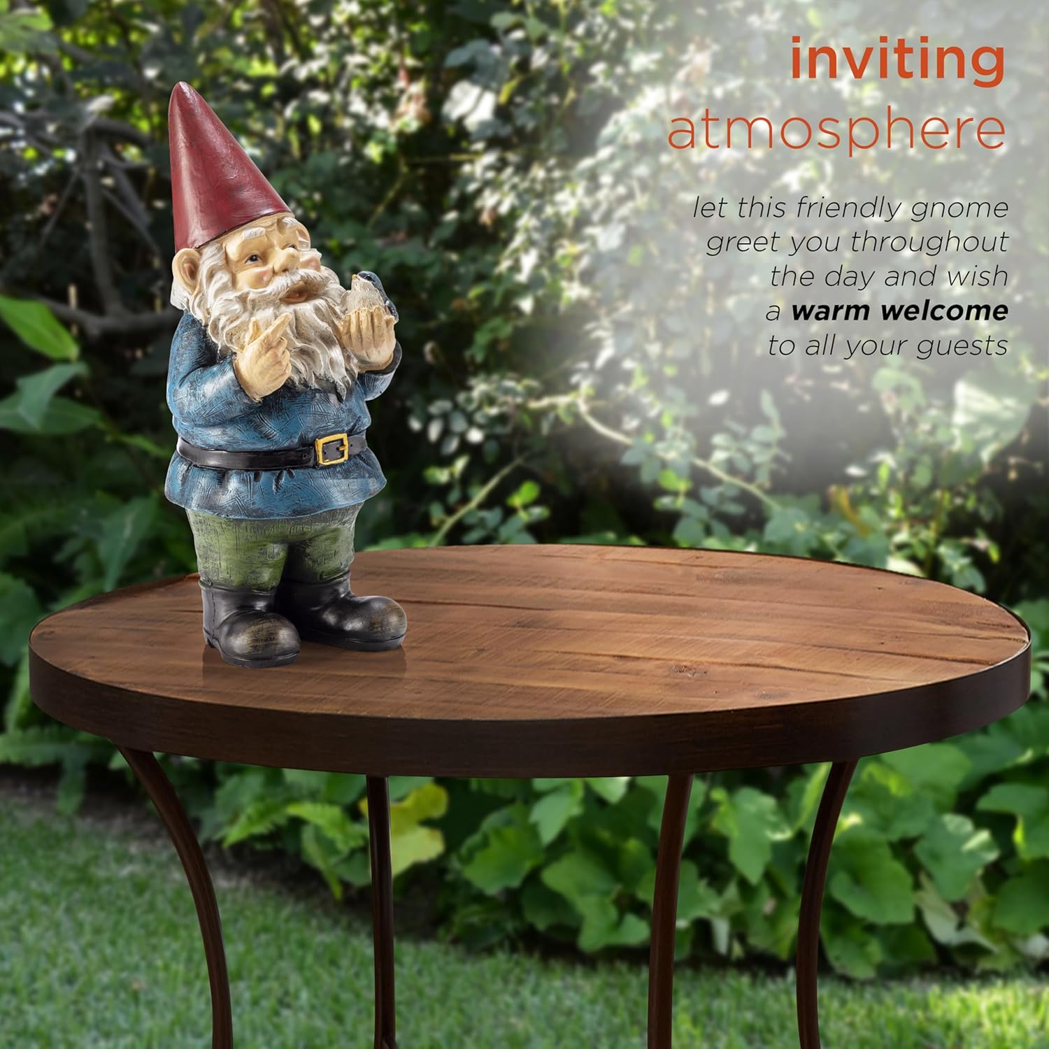 Showcases how the gnome figurine can create an inviting atmosphere in an outdoor garden setting. Highlights the gnome's ability to create a warm, welcoming environment for guests in outdoor spaces.