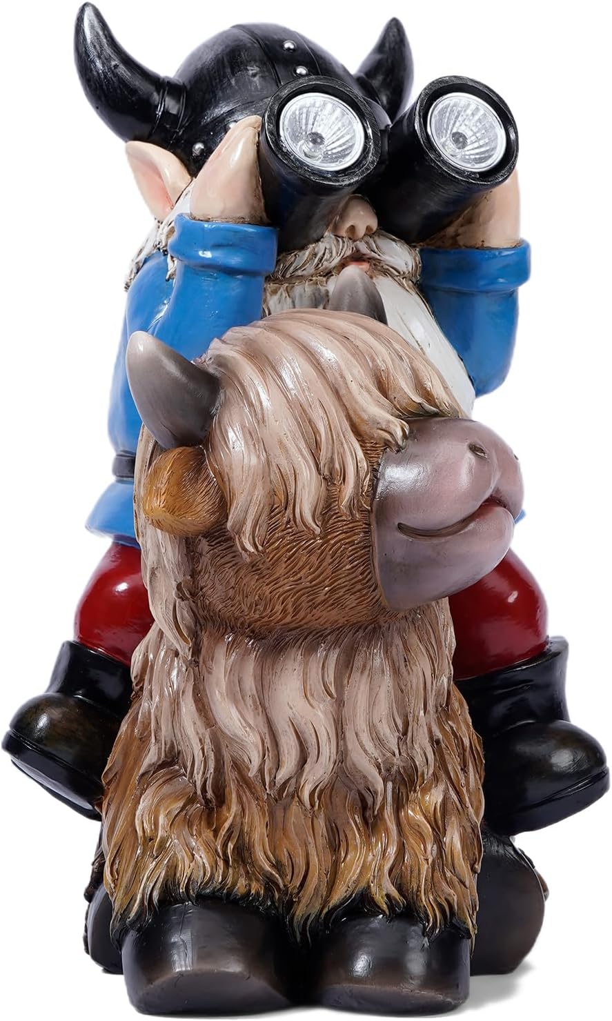 Highlights the product's solar-powered lighting feature, demonstrating its functionality as a decorative garden gnome with built-in illumination.