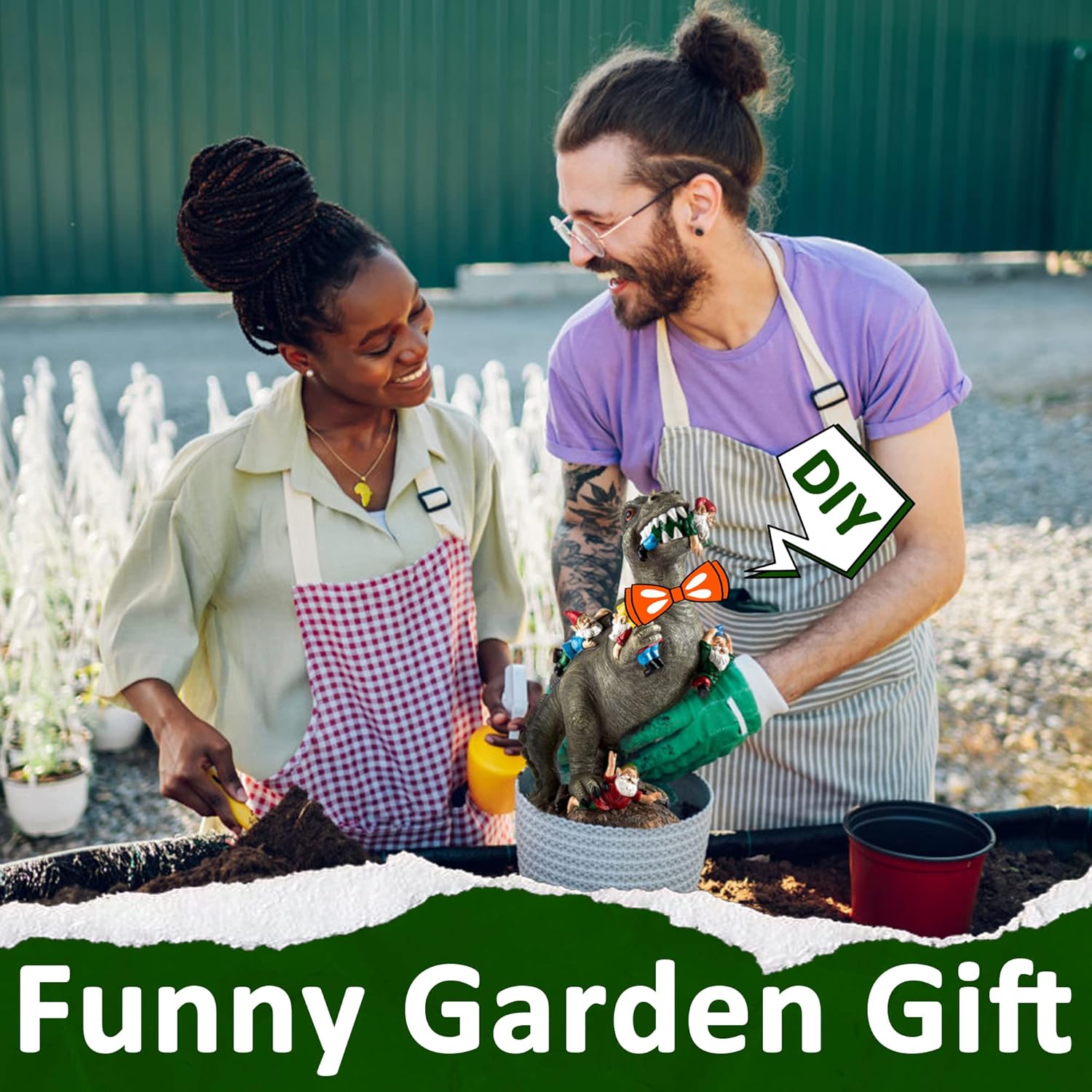 Demonstrates a fun and creative application of the product as a humorous garden decoration or gift for gardeners.