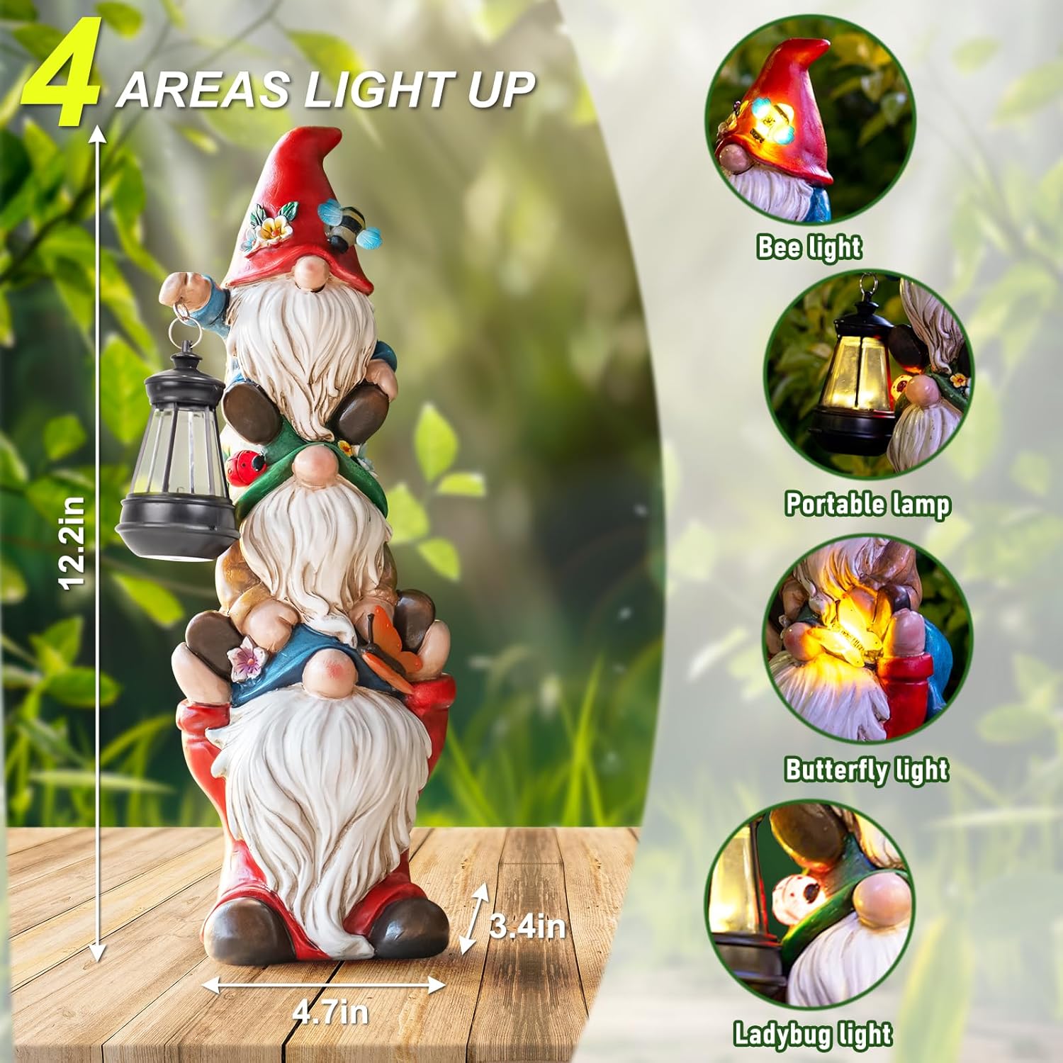 Showcases multiple light-up features of the garden gnome statue, highlighting its versatility as a decorative outdoor lighting product.