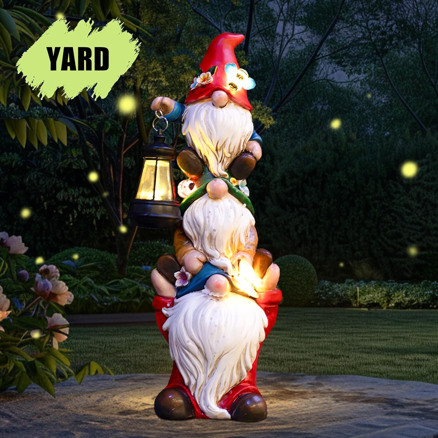 Showcases how the gnome statue can be used as a decorative and functional element in outdoor spaces, providing both visual appeal and illumination.