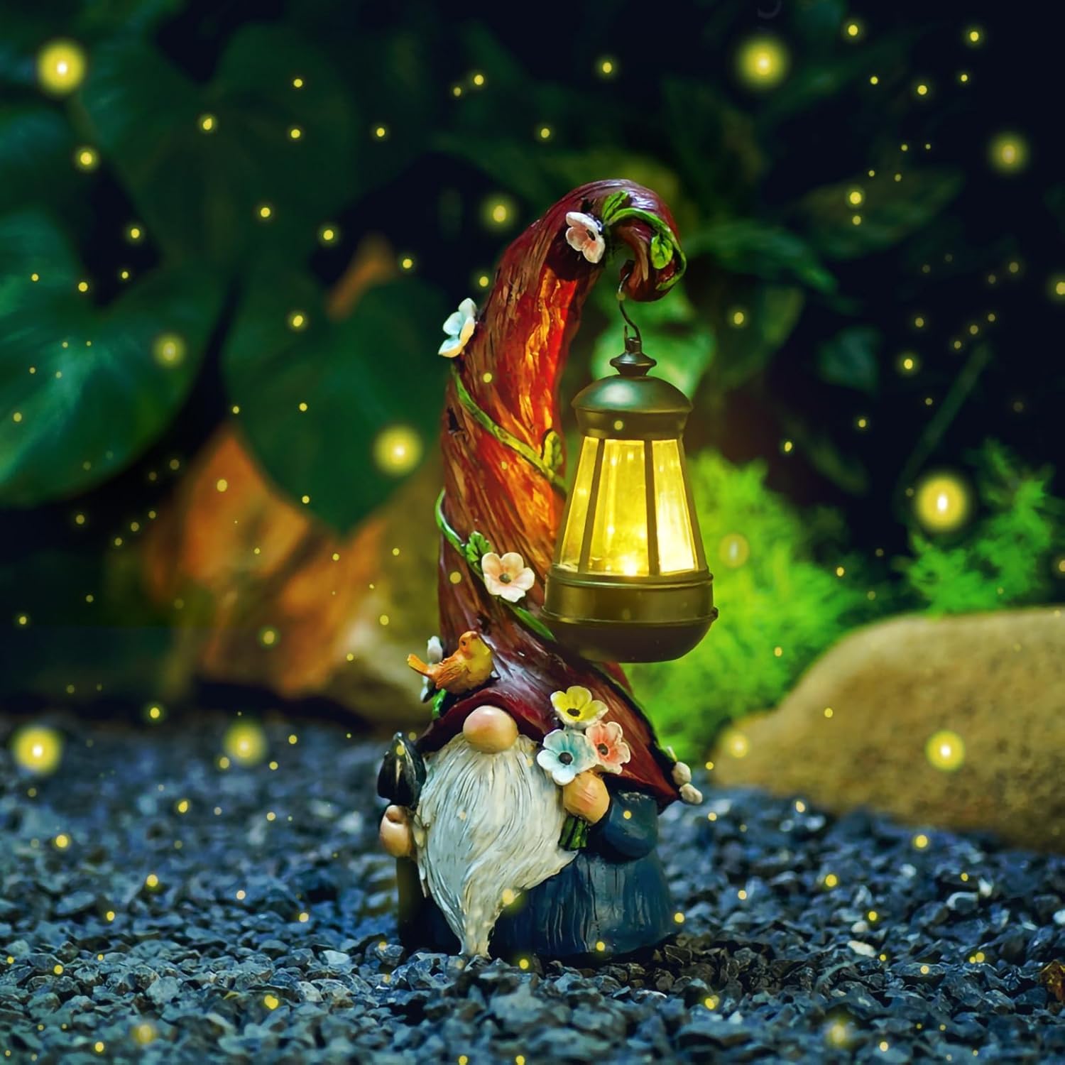 Showcases the product in a magical garden setting to appeal to customers looking for unique outdoor decorations. Highlights the lantern's glowing light feature to demonstrate its effectiveness as a…