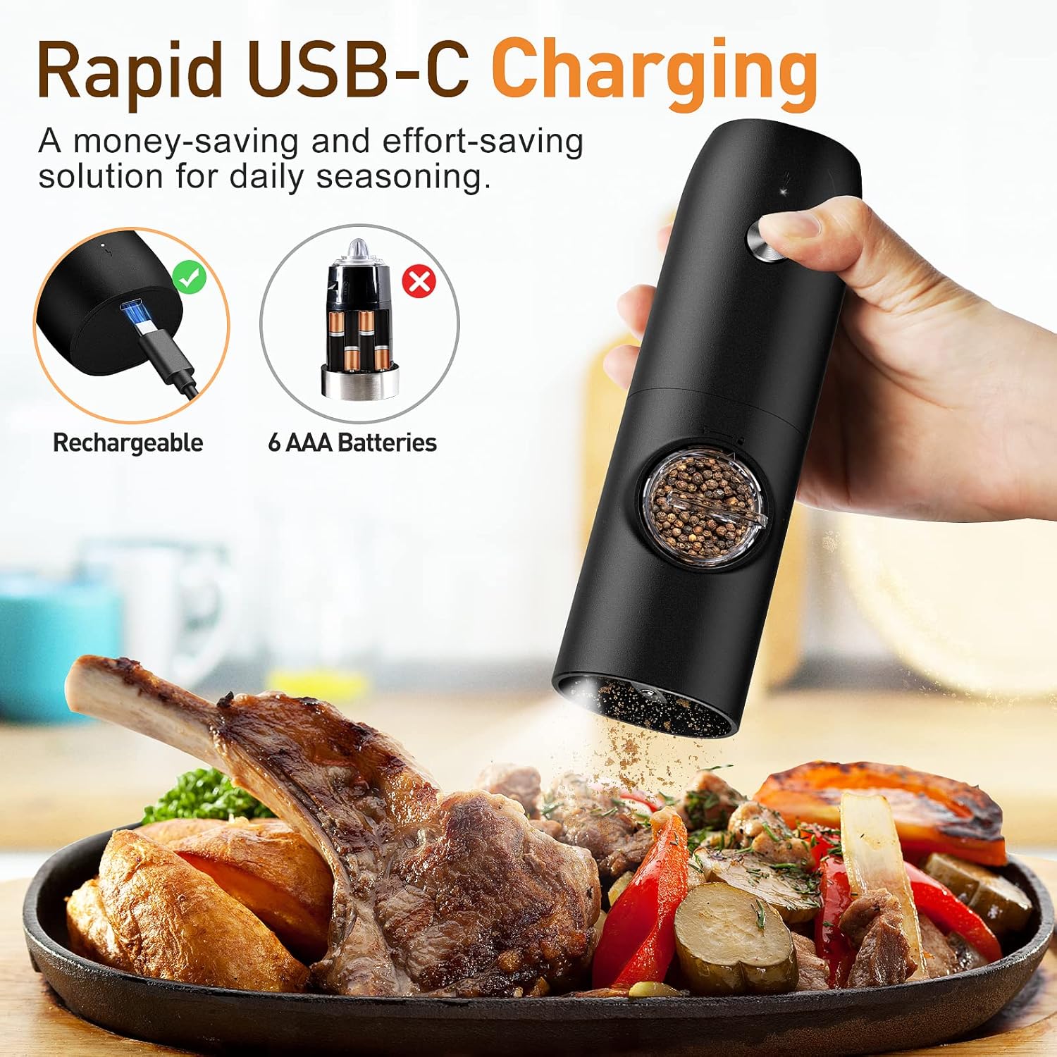 Highlights the product's USB-C rechargeable feature as a cost-effective and convenient alternative to battery-powered options.