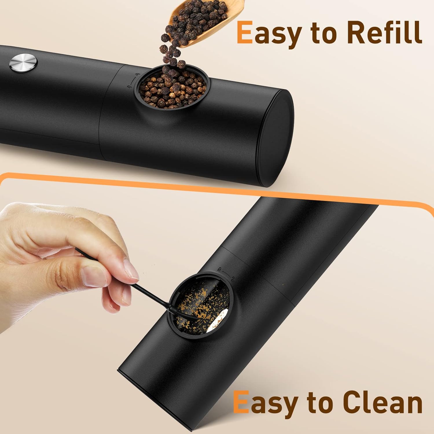 Demonstrates the product's user-friendly design for refilling with spices and easy cleaning, highlighting its convenience for everyday use.