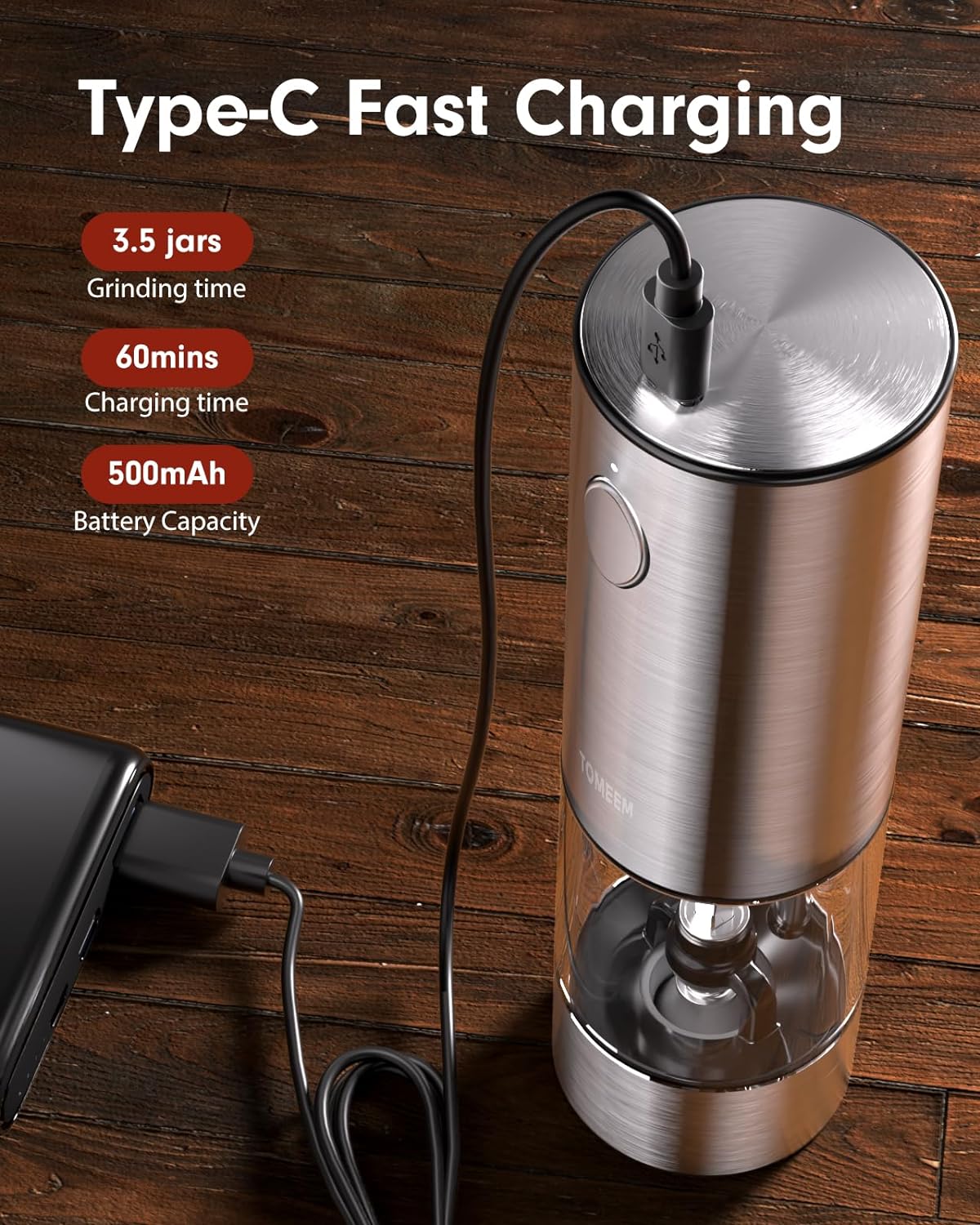 Highlights the product's key features including fast USB-C charging, long battery life, and grinding capacity to showcase its convenience and efficiency.