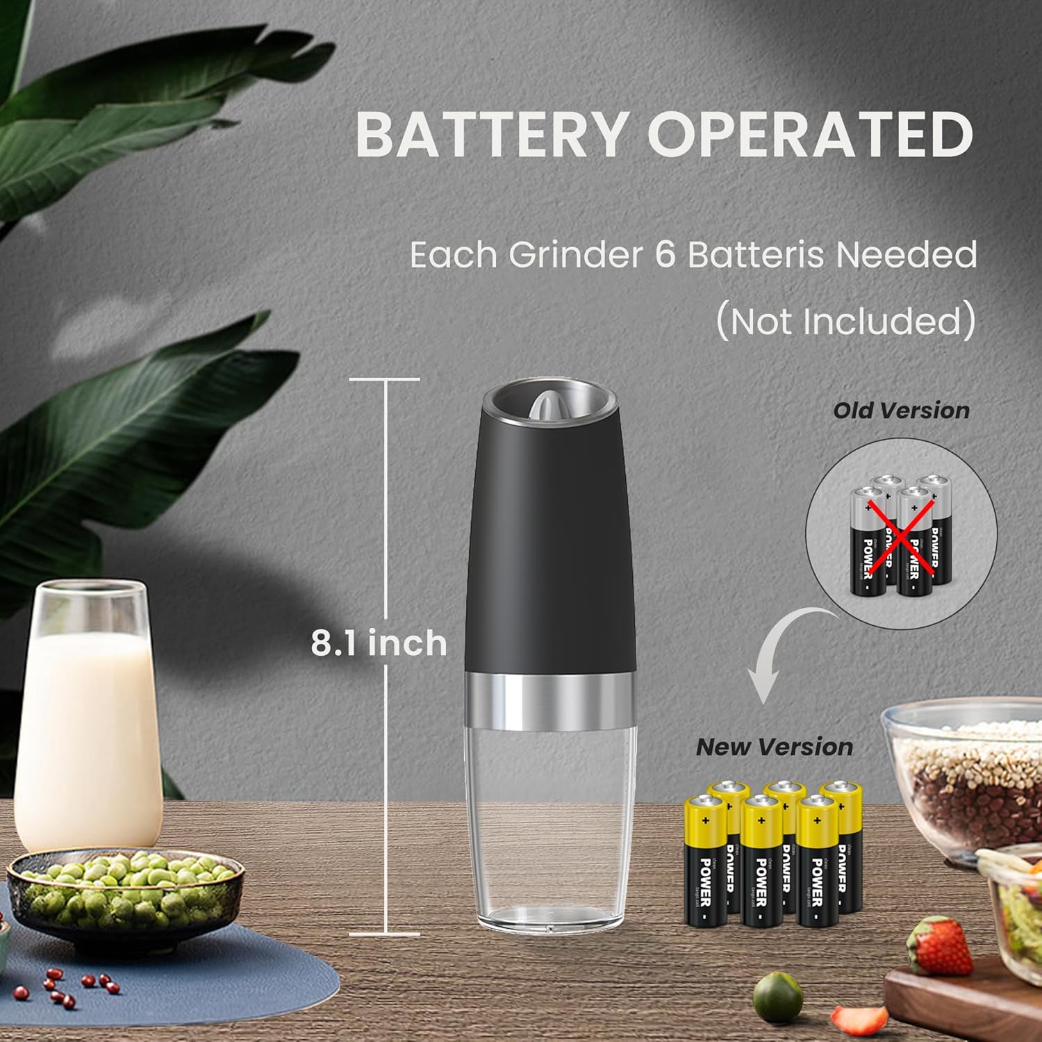 Highlights that the grinder is battery-powered, requiring 6 batteries (not included). Emphasizes convenience and portability.