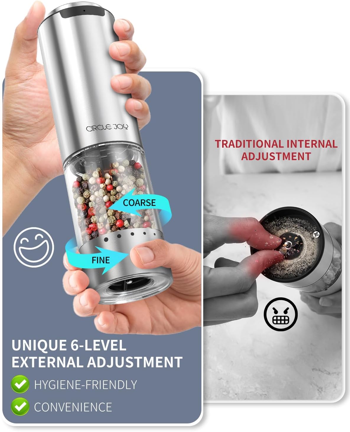 CIRCLE JOY Rechargeable Electric Salt and Pepper Grinder Set with Base: Infographics