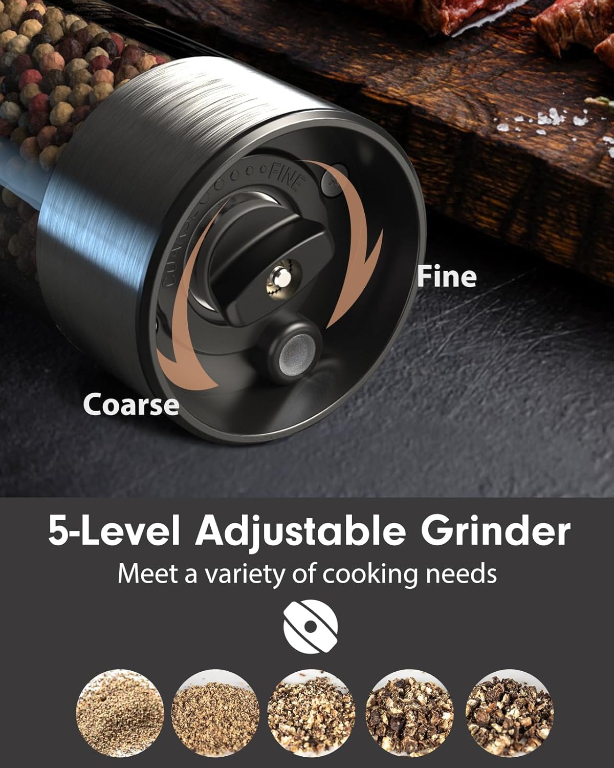 Showcases the product's 5-level adjustable grinding feature to meet various cooking needs, from fine to coarse grinds.