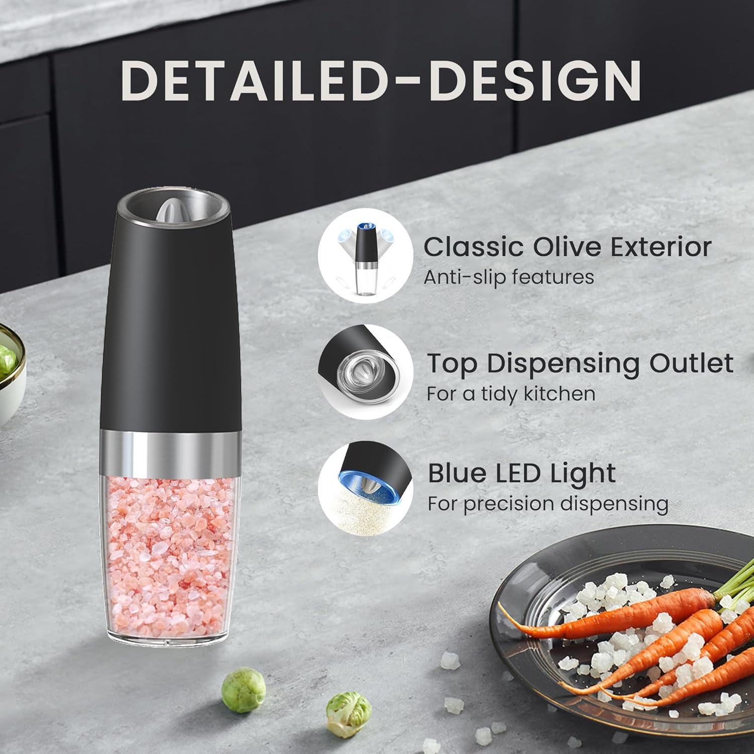 Highlights multiple features of the salt/pepper grinder to showcase its functionality and ease of use in the kitchen.