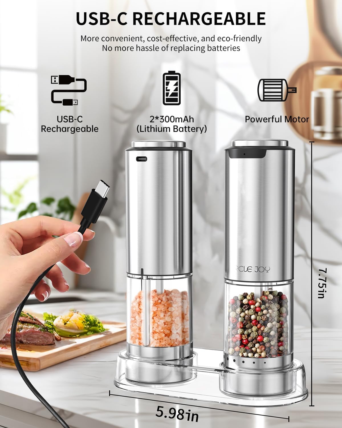 Highlights the convenience and eco-friendliness of the product's USB-C rechargeable feature, eliminating the need for disposable batteries.