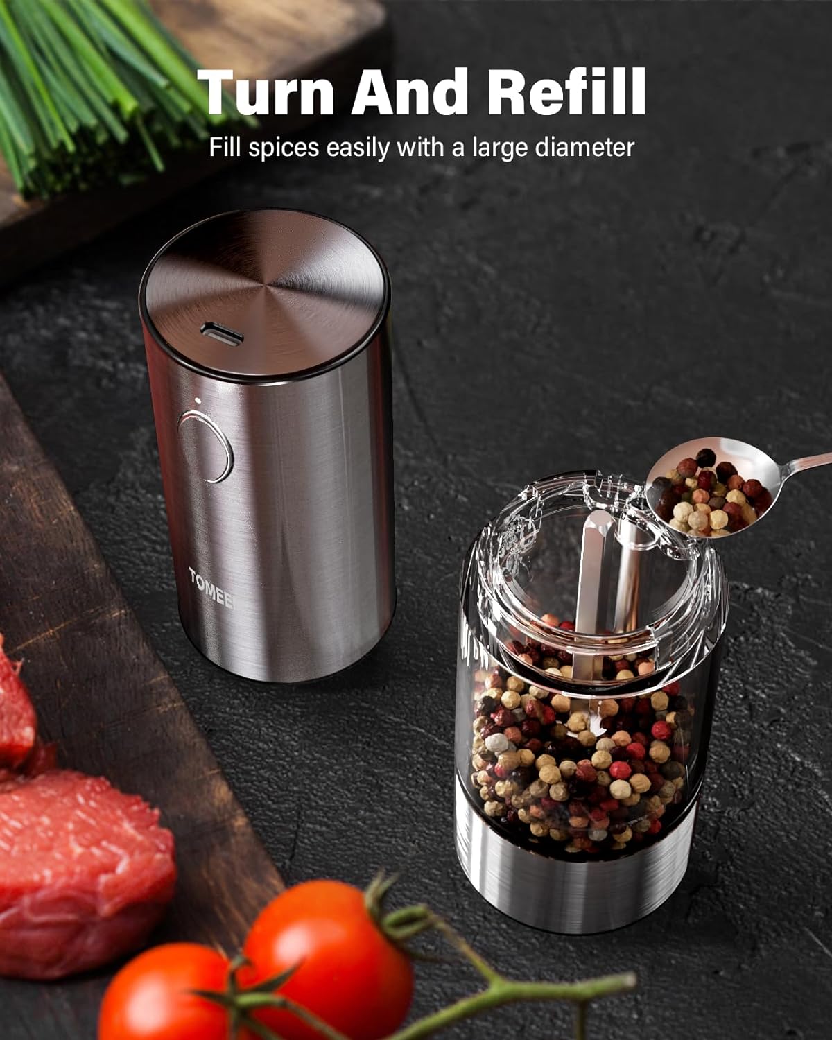 Demonstrates the product's large diameter opening for easy refilling of spices, emphasizing convenience in use.