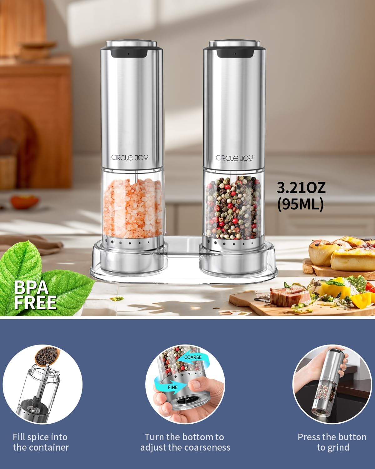 Highlights multiple features of the salt and pepper grinders, including their safety, versatility, and ease of use. Reassures customers about the product's safety by emphasizing its BPA-free…