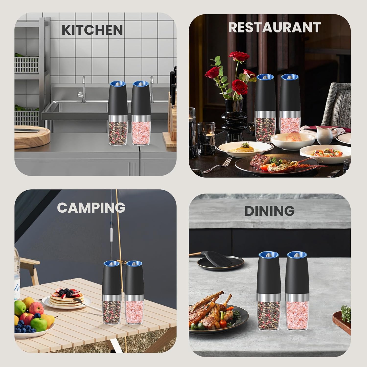Demonstrates the product's versatility by showing it can be used in various settings like kitchen, restaurant, camping, and dining.