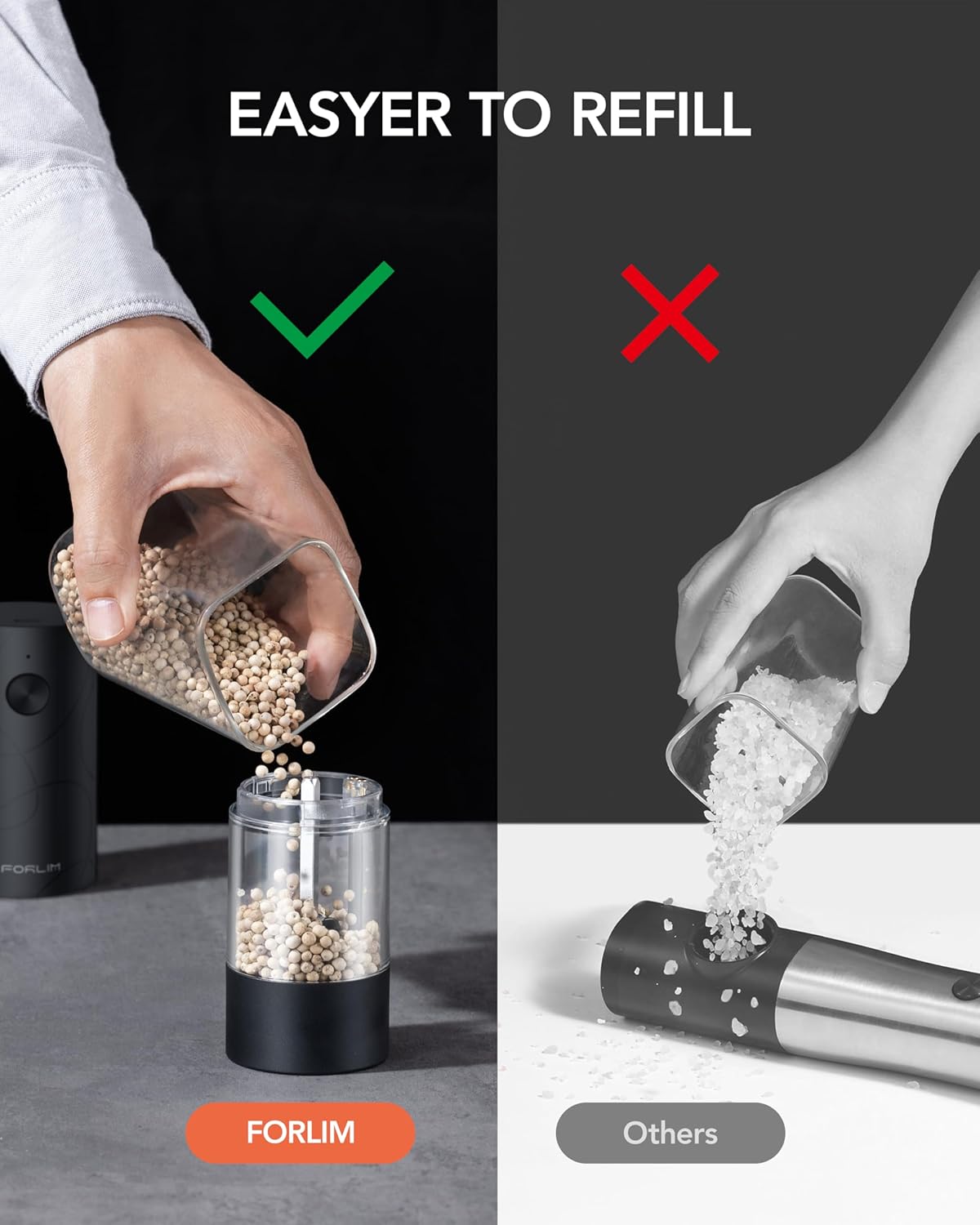 Demonstrates how the product is easier to refill compared to competitors, highlighting a key convenience feature.