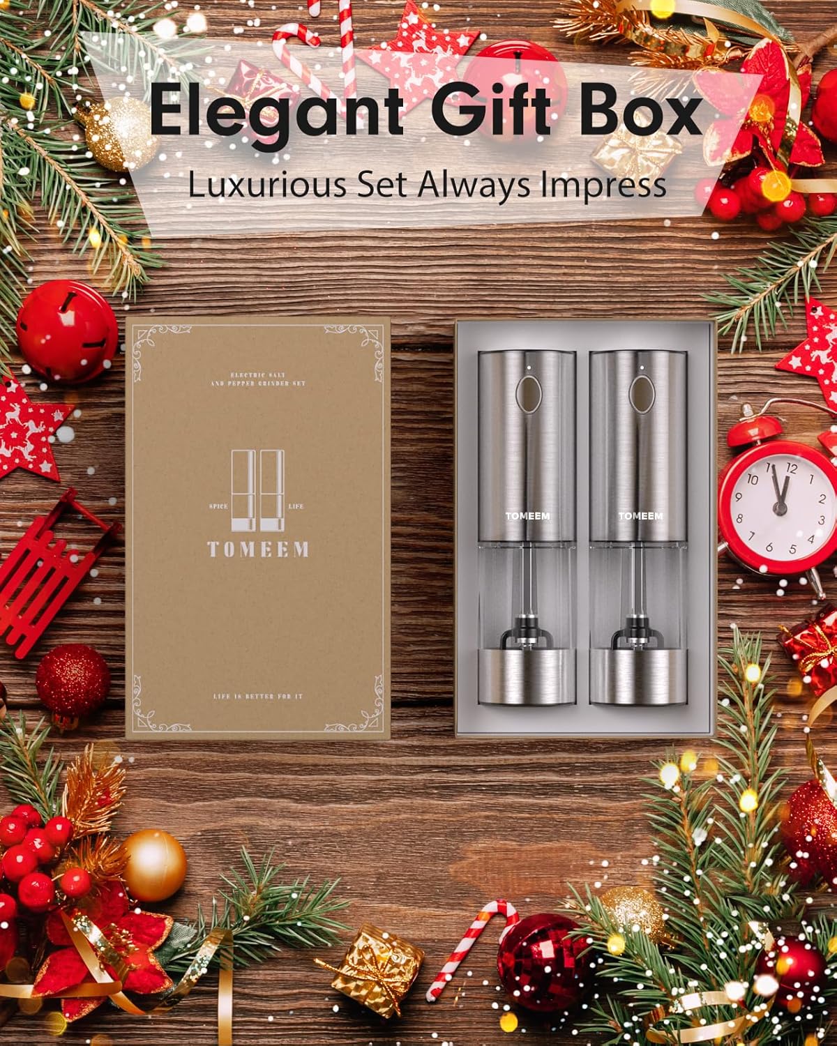 Positions the product as an elegant Christmas gift option, emphasizing its luxurious and impressive nature. Shows the complete gift set contents, including the packaging and two stainless steel…