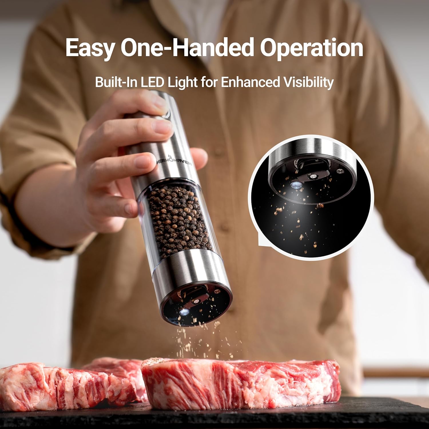 Highlights the ease of use with one hand and the added visibility from the built-in LED light, emphasizing convenience and functionality.