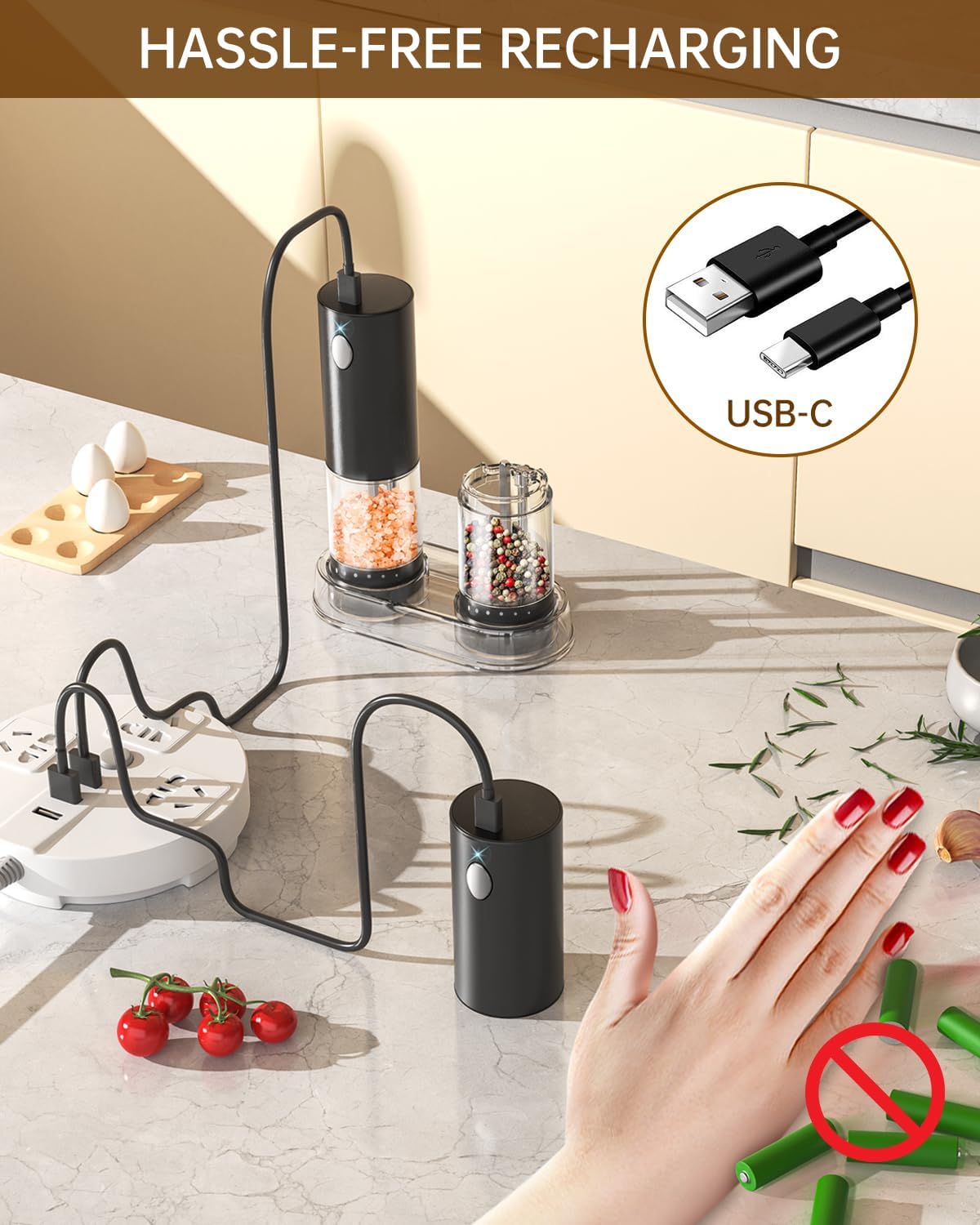Highlights the hassle-free recharging feature of the product using USB-C, emphasizing convenience and compatibility.