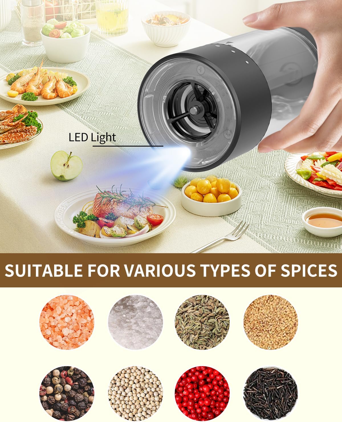 Highlights the product's LED light feature, demonstrating its ability to illuminate food for better visibility and presentation. Shows the product's versatility in handling different types of…