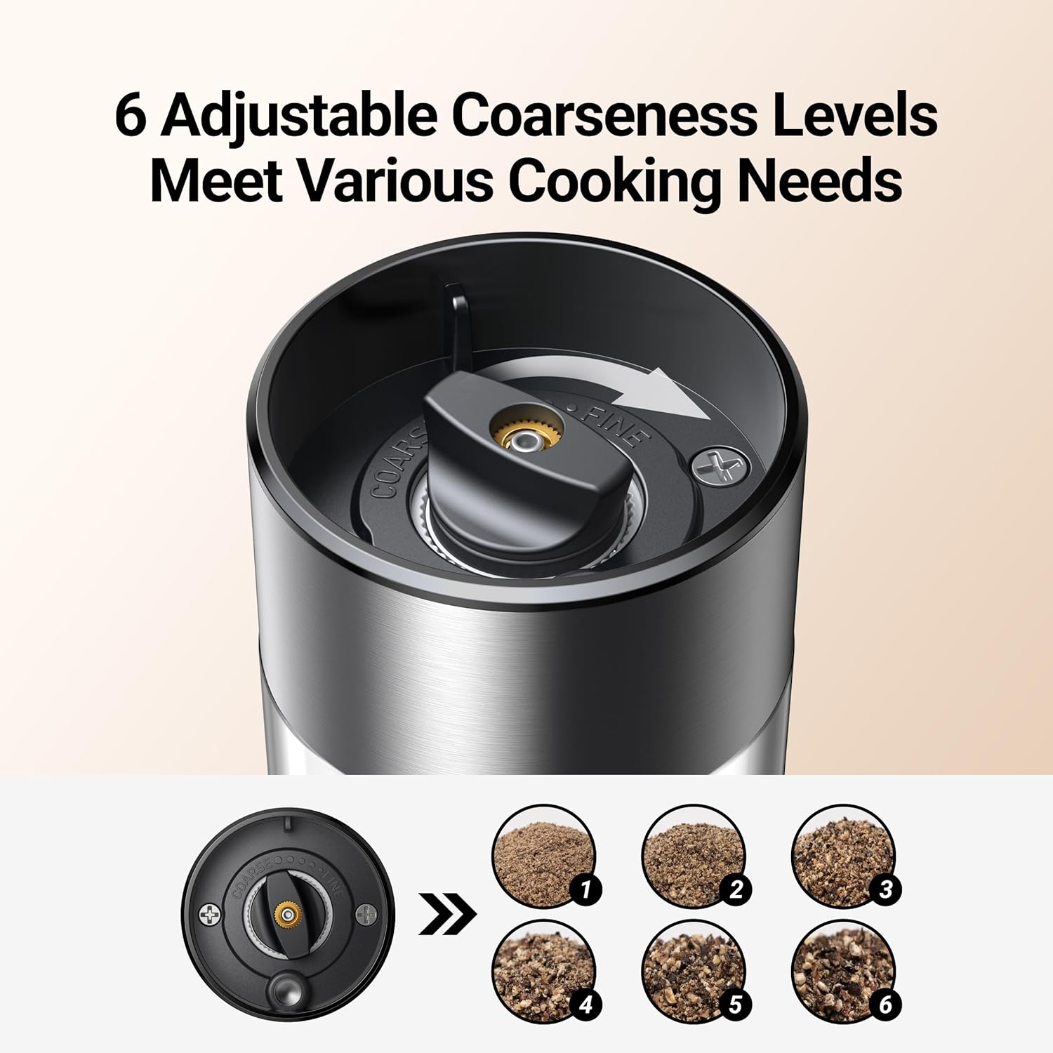 Highlights the product's ability to adjust to 6 different coarseness levels, demonstrating its versatility for various cooking needs.