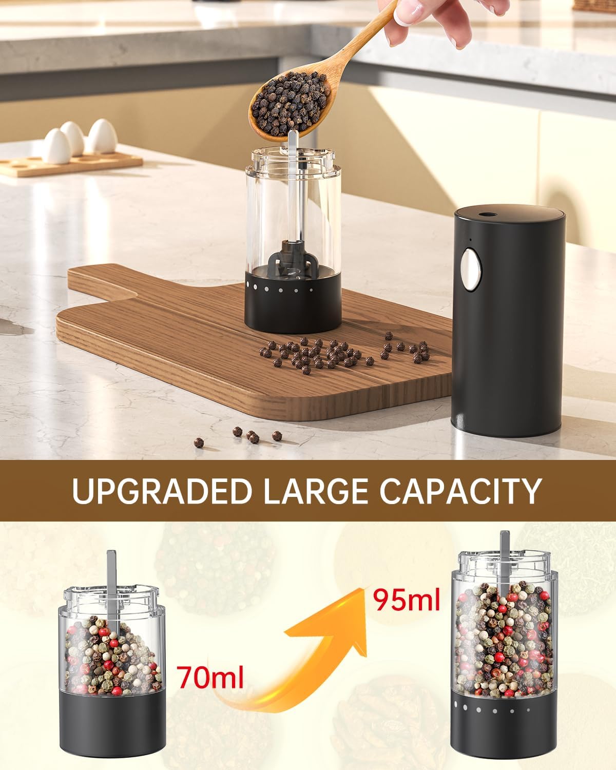 Highlights the upgraded large capacity of the pepper grinder, emphasizing its improved functionality for the user.