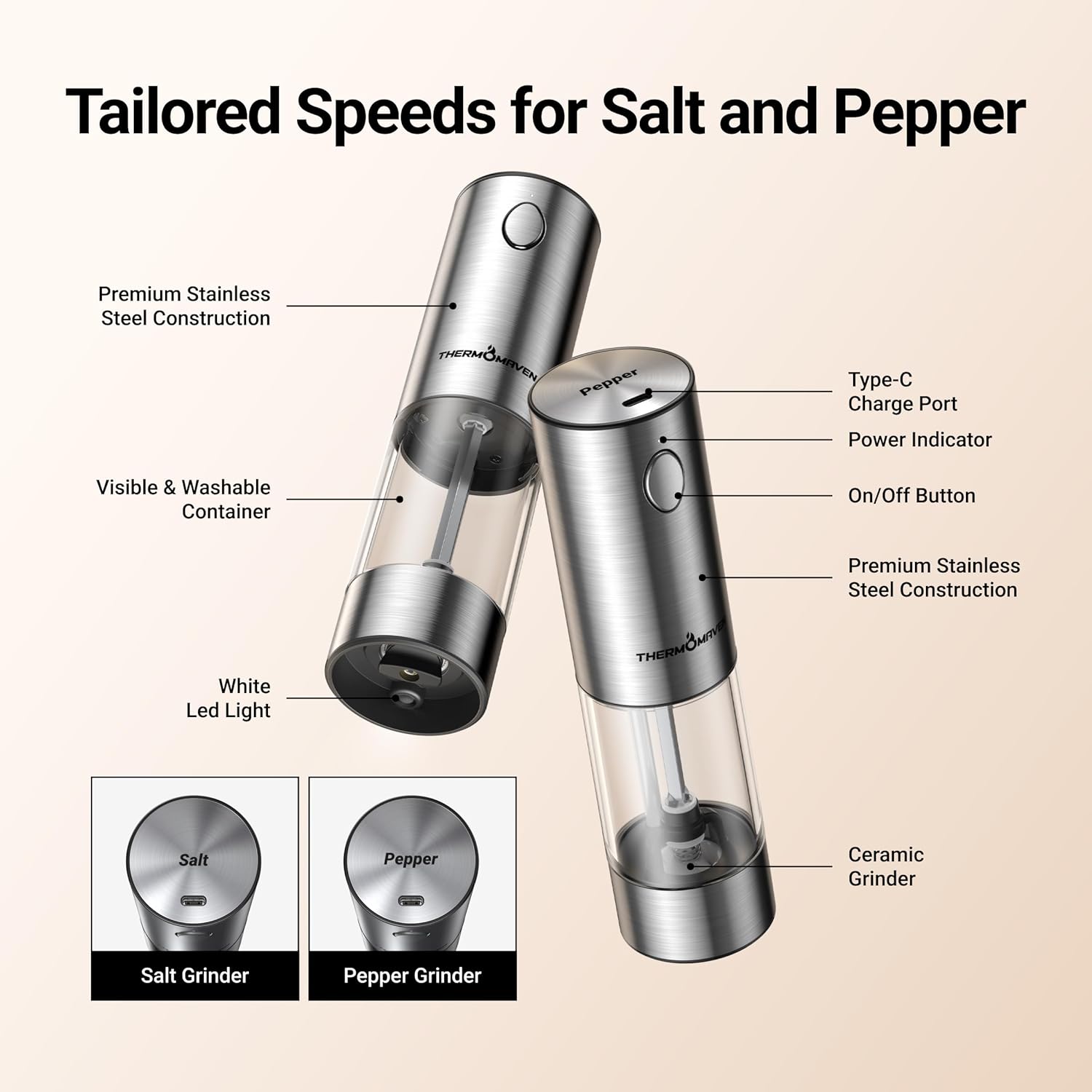 Highlights the key features and components of the electric salt and pepper grinders to showcase their functionality and design.