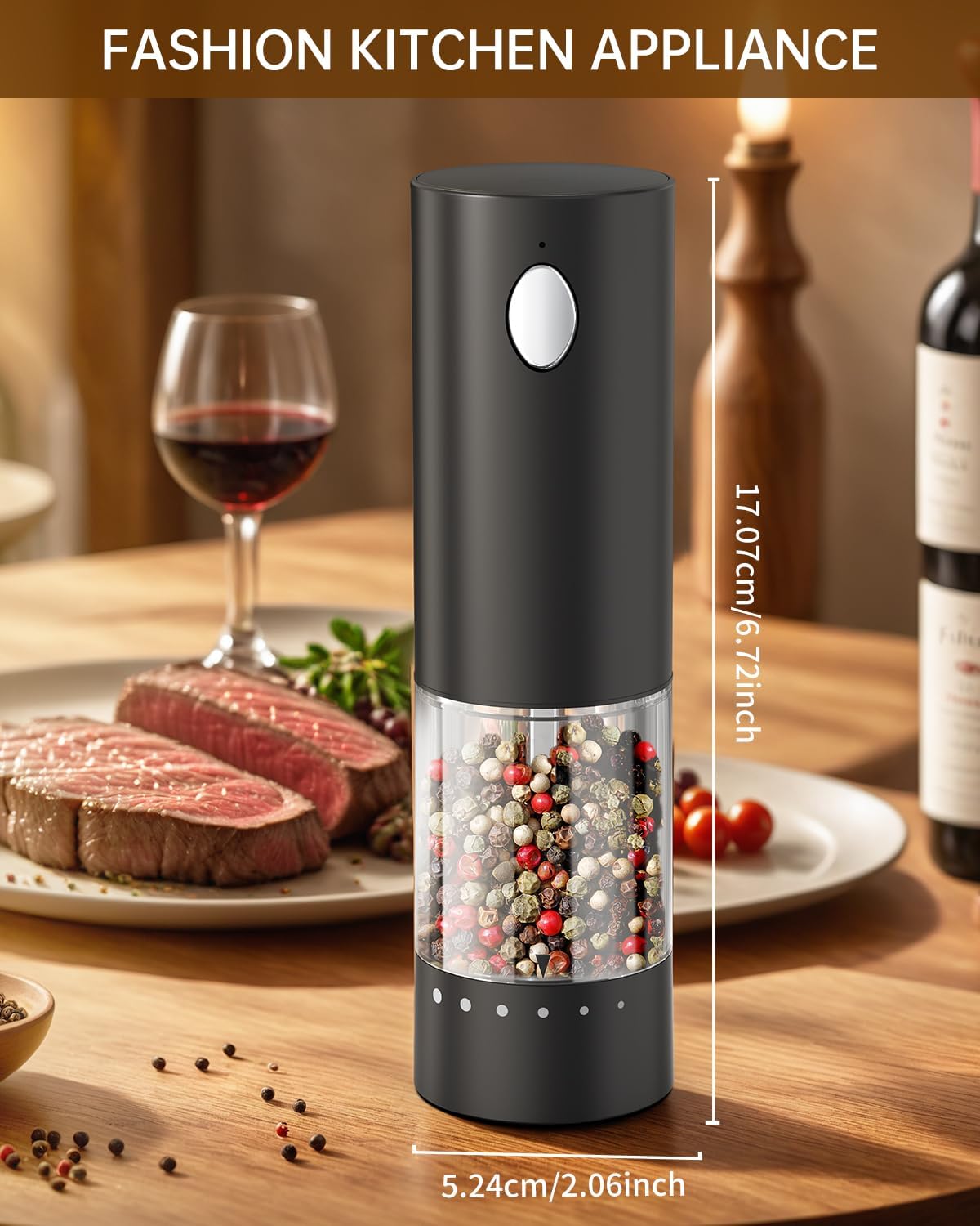 Provides exact measurements of the pepper grinder to help shoppers understand its size and how it will fit in their kitchen. Highlights the modern, sleek appearance of the pepper grinder to appeal…