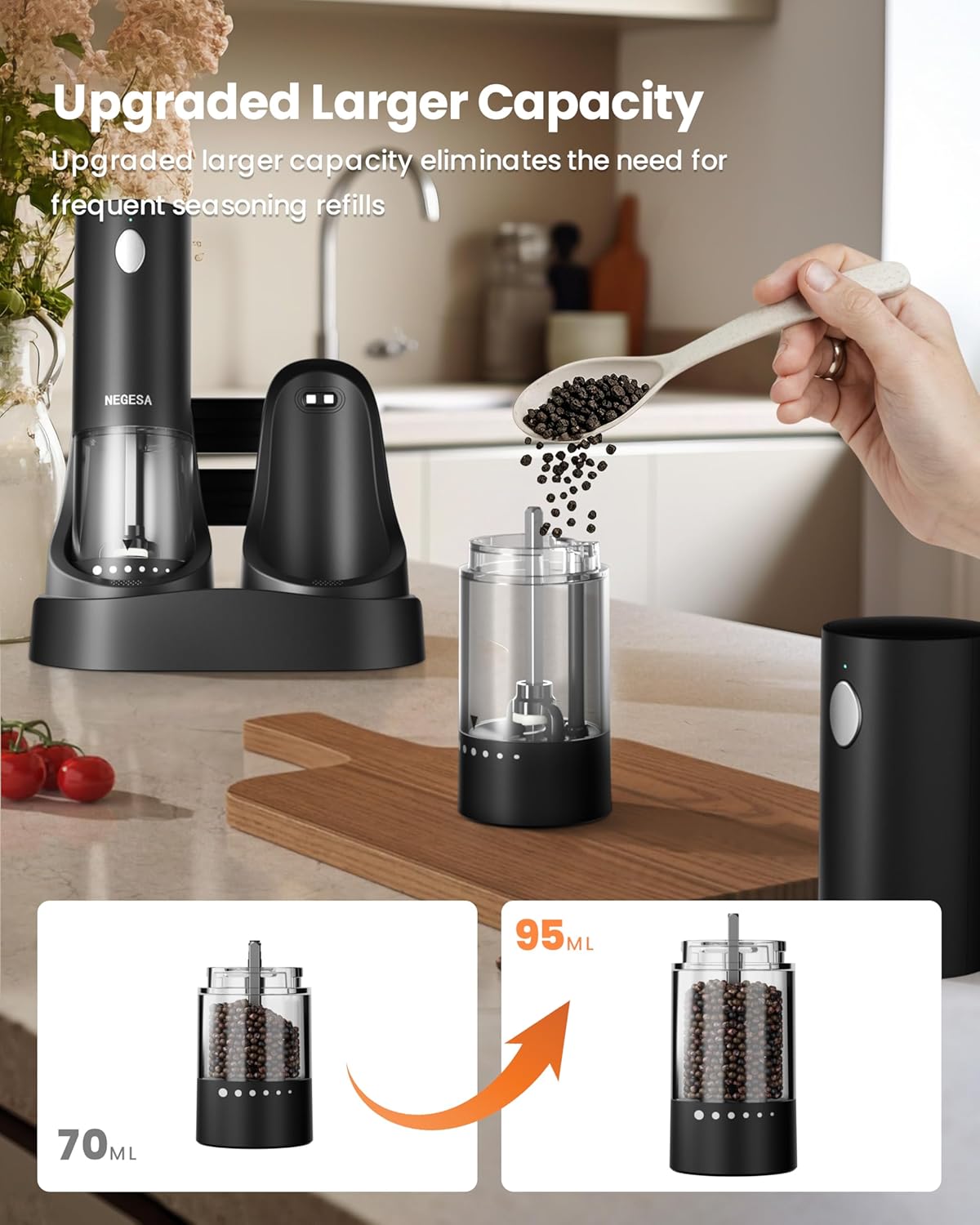Highlights the product's upgraded larger capacity to reduce the need for frequent refills, emphasizing convenience for the user.