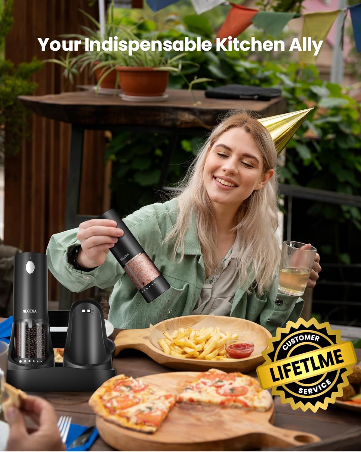 Shows the product being used in a real-life outdoor dining scenario to demonstrate its practicality and ease of use. Emphasizes the product as an essential kitchen tool, positioning it as a…