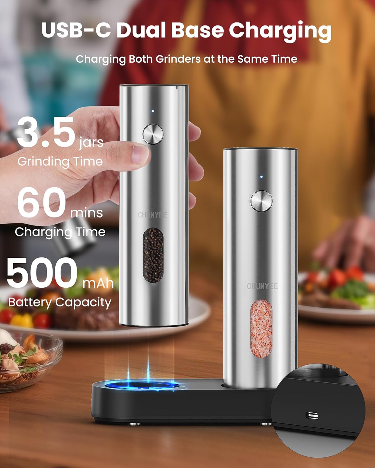 Highlights multiple key features of the electric grinder set, including dual charging capability, battery life, and grinding capacity to showcase its convenience and efficiency.