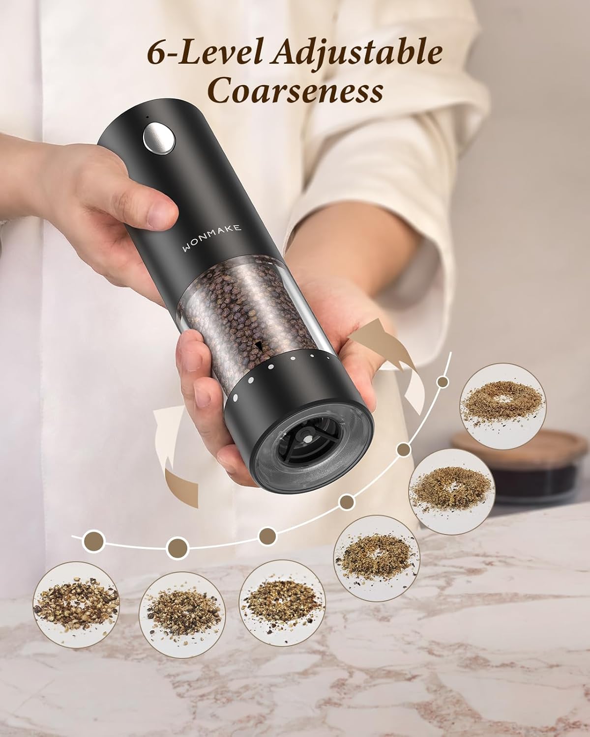 Highlights the product's 6-level adjustable coarseness feature, demonstrating its versatility in grinding to different textures.