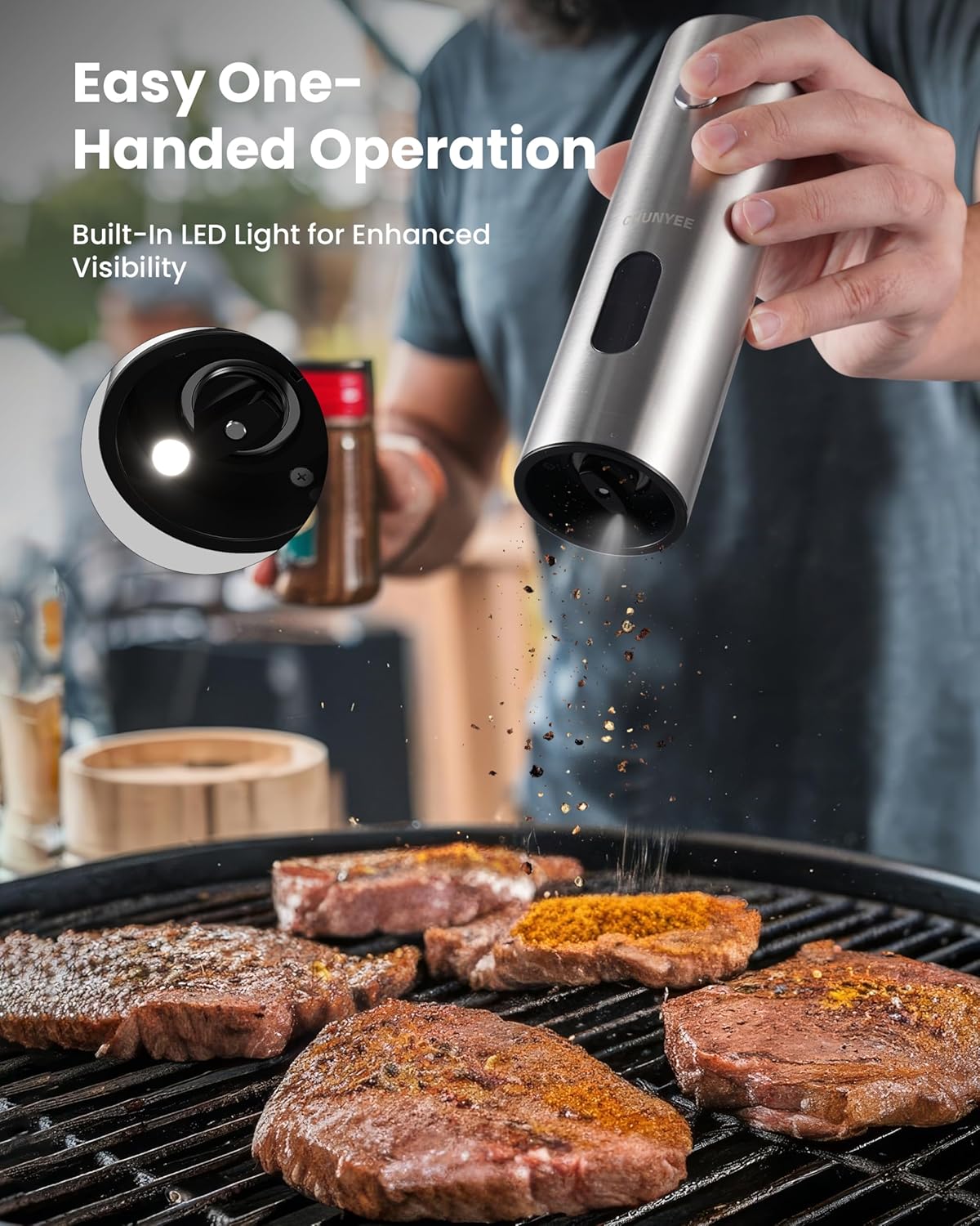 Highlights the ease of use with one-handed operation and built-in LED light for better visibility, emphasizing convenience and functionality.