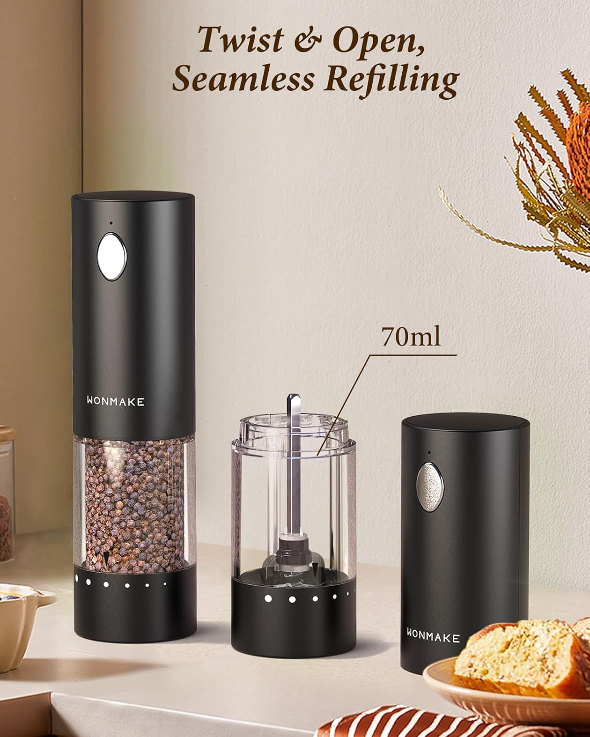 Highlights the product's twist-and-open design for seamless refilling, emphasizing convenience and ease of use.