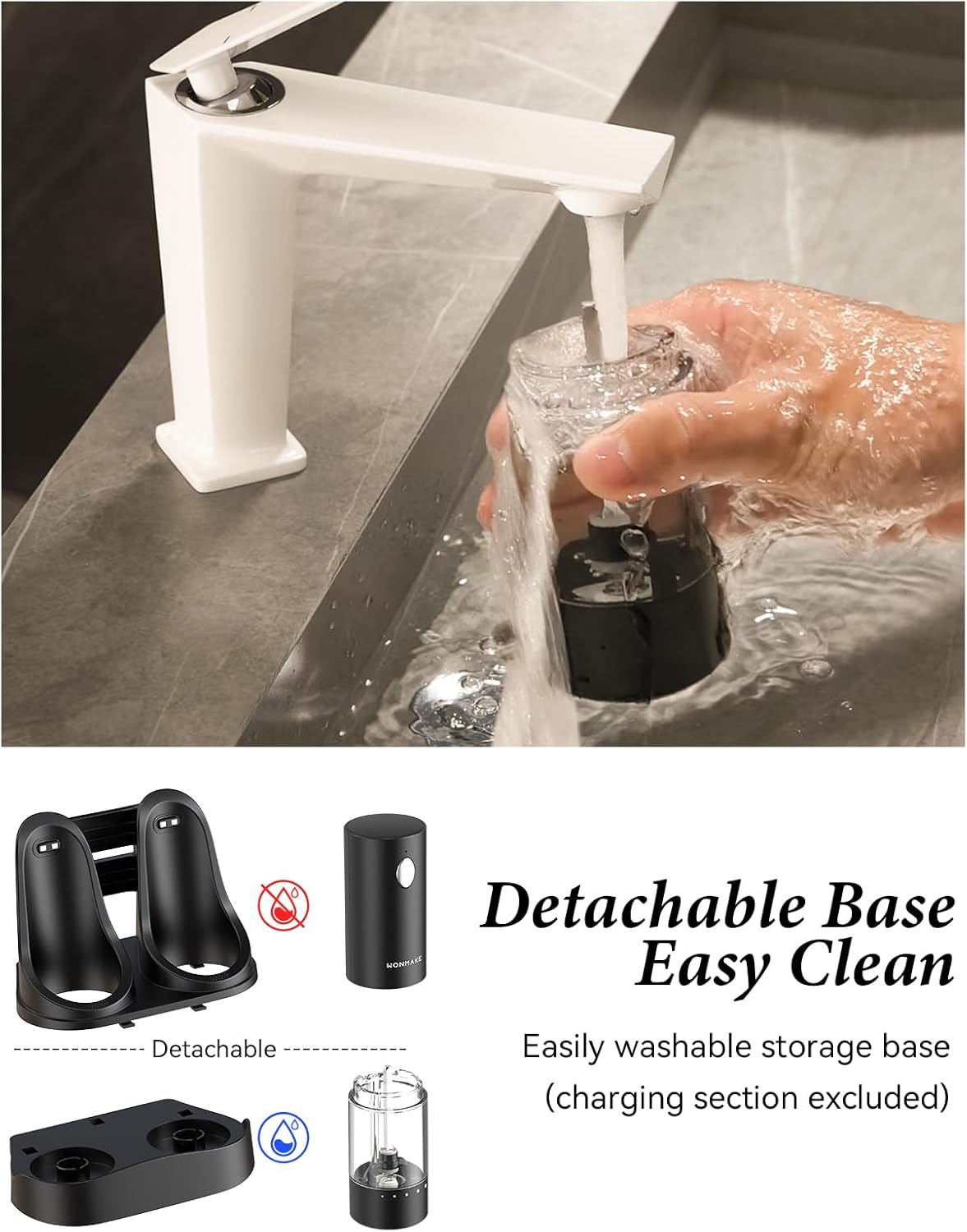 Demonstrates how to easily clean the product by showing its detachable base being washed under running water. Highlights the product's detachable base feature, emphasizing its ease of cleaning and…